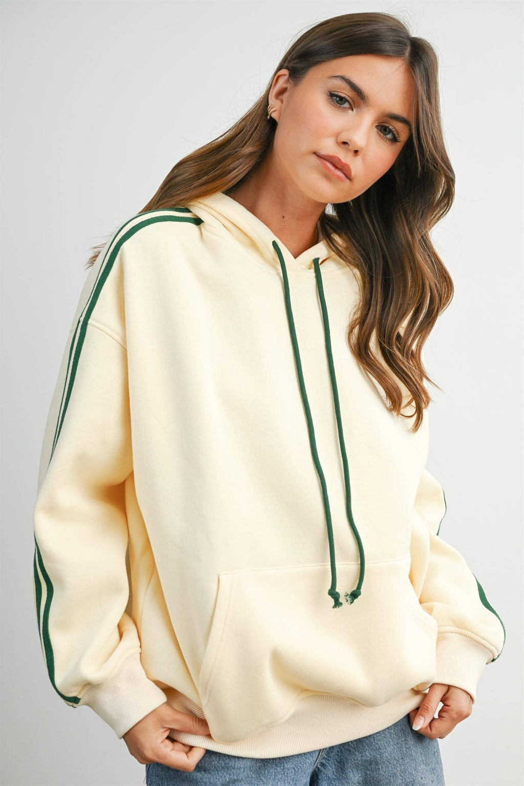 BUTTERMELON- Contrast Striped  Drawstring Hoodie