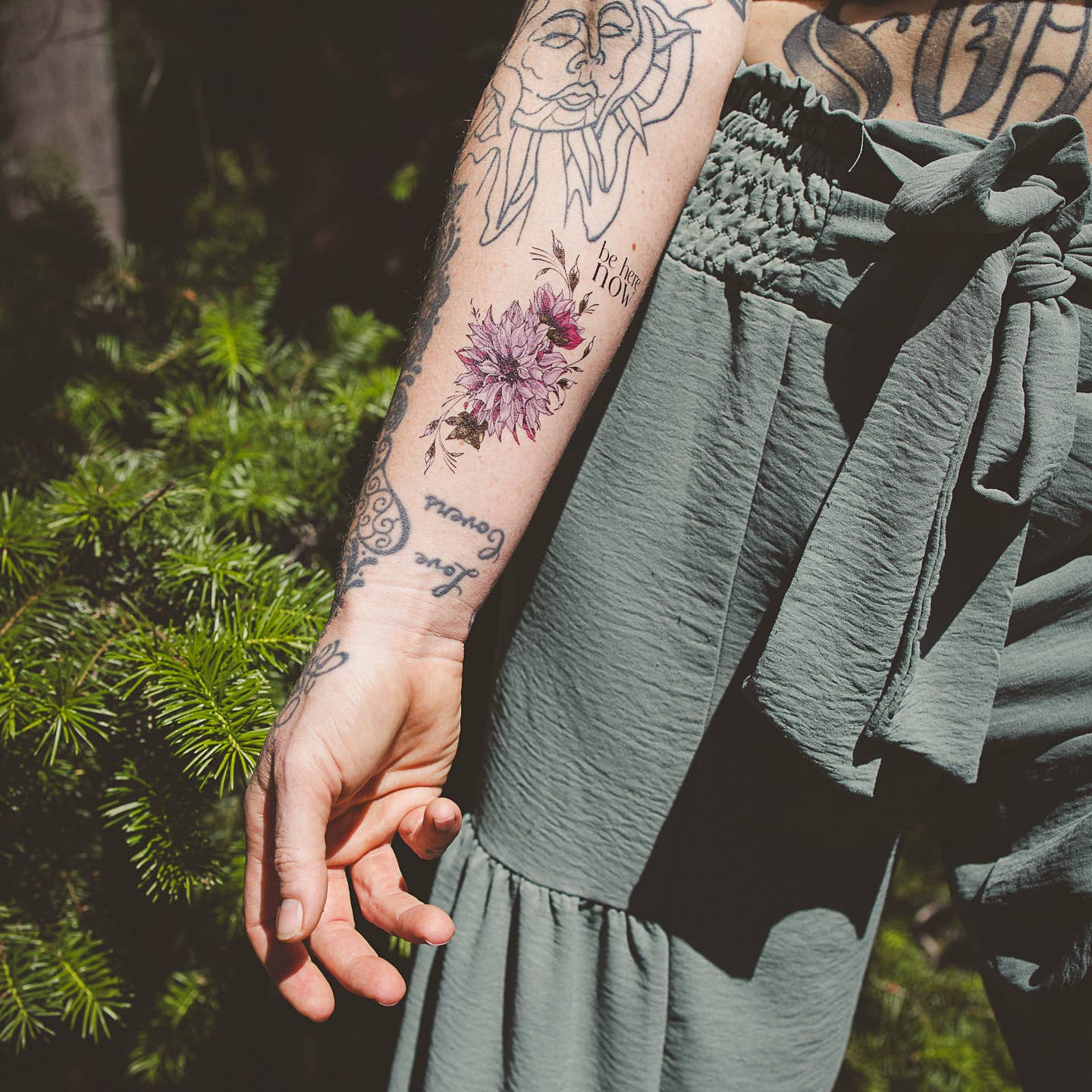 Orchid & Pine- Tiny Intention - Resist Bundle - Assorted Set of 3 Floral Tattoos - Breathe, Be Here Now, I AM