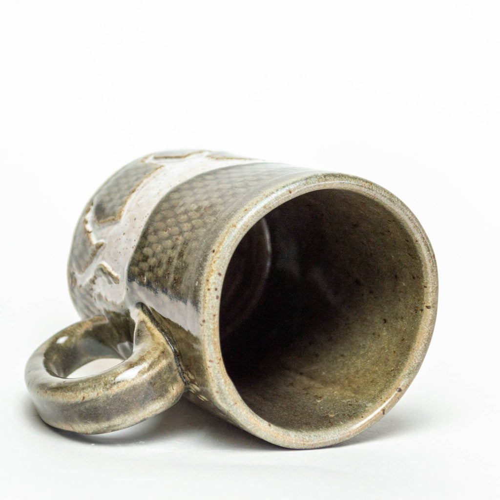 White Squirrel Clayworks- White Horse Design Handmade, in Ohio, Ceramic 14oz Gray Mug