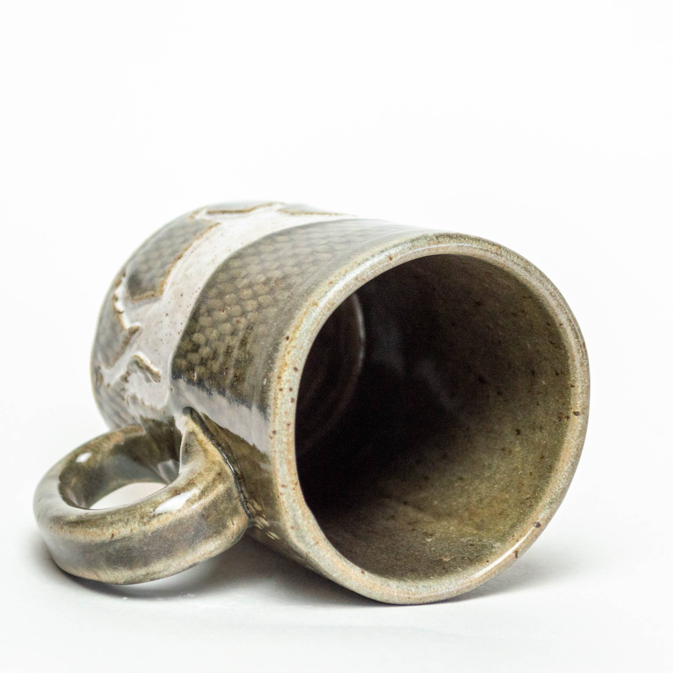 White Squirrel Clayworks- White Horse Design Handmade, in Ohio, Ceramic 14oz Gray Mug