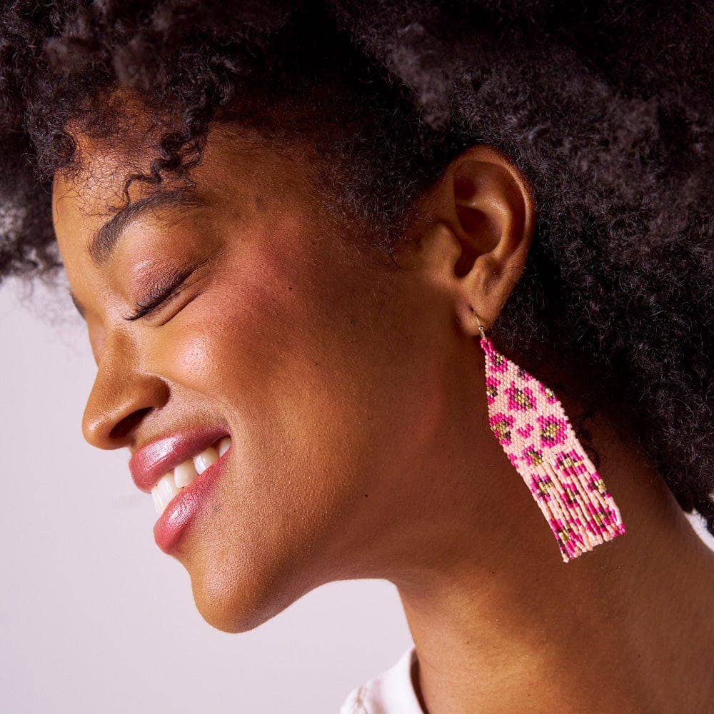 INK + ALLOY- Delilah Cheetah Print Beaded Fringe Earrings Pink + Gold Wholesale