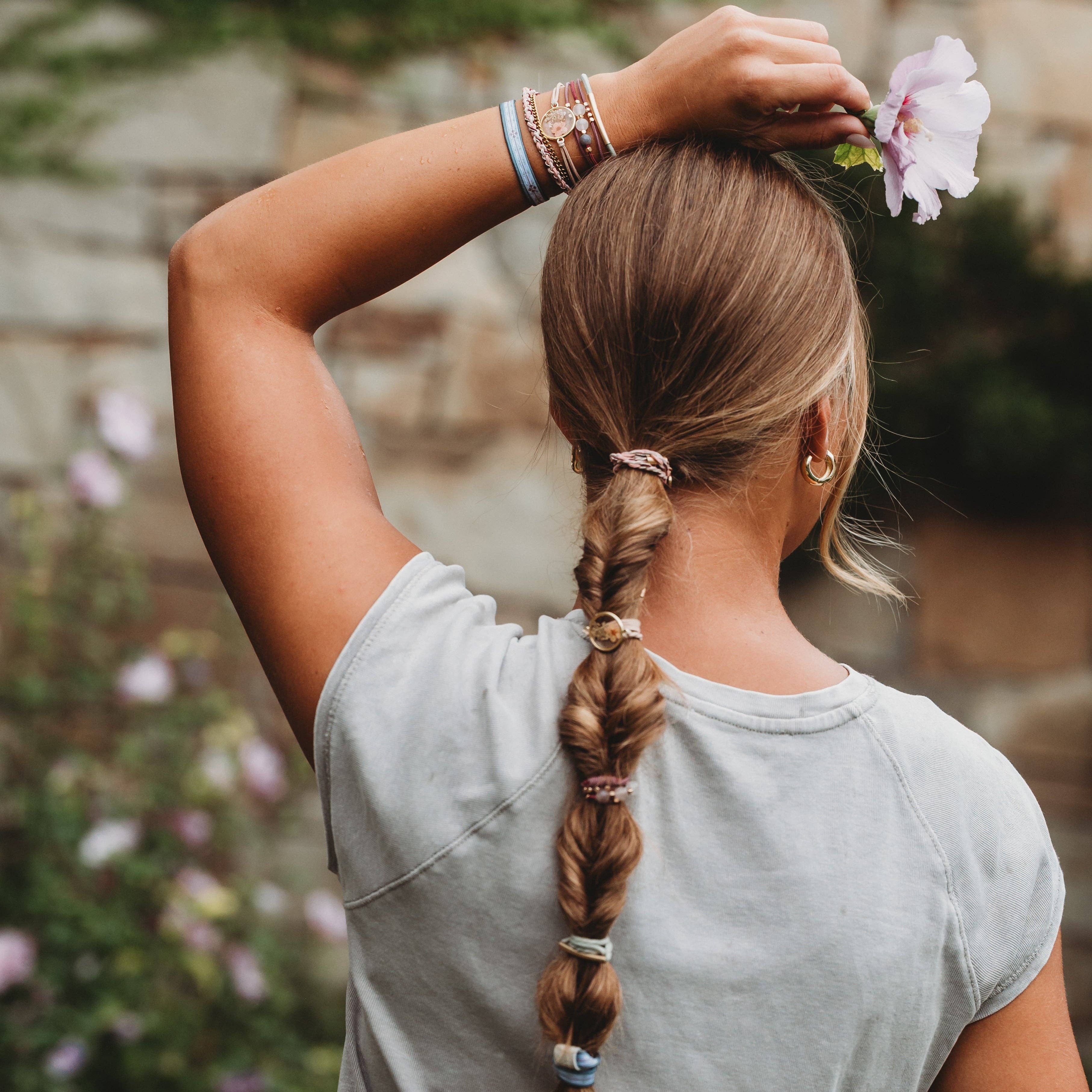 K'lani- "Bloom" Maroon and Pink with Pressed Flowers Hair Tie Bracelets