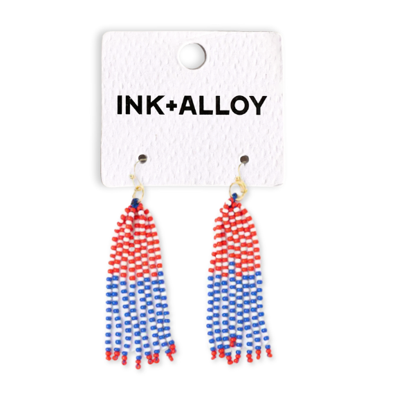 INK + ALLOY- Game Day Tassel Seed Bead Earrings Blue + Red