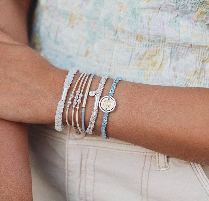 K'lani- "Wonder" Soft Creams and Blues with Pearls and Gold Hair Tie Bracelets