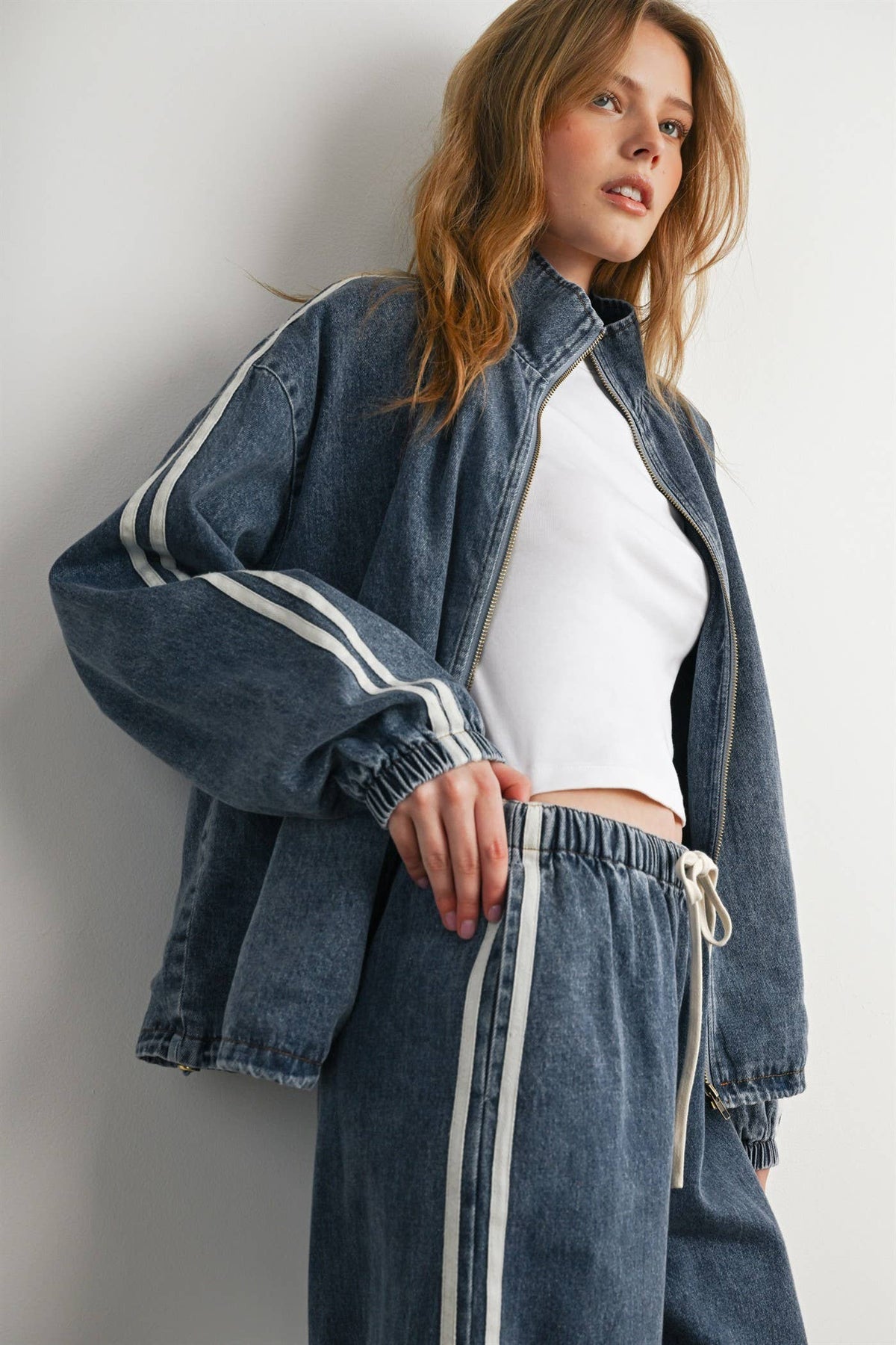 BUTTERMELON- Oversized Denim Zip-Up Track Jacket