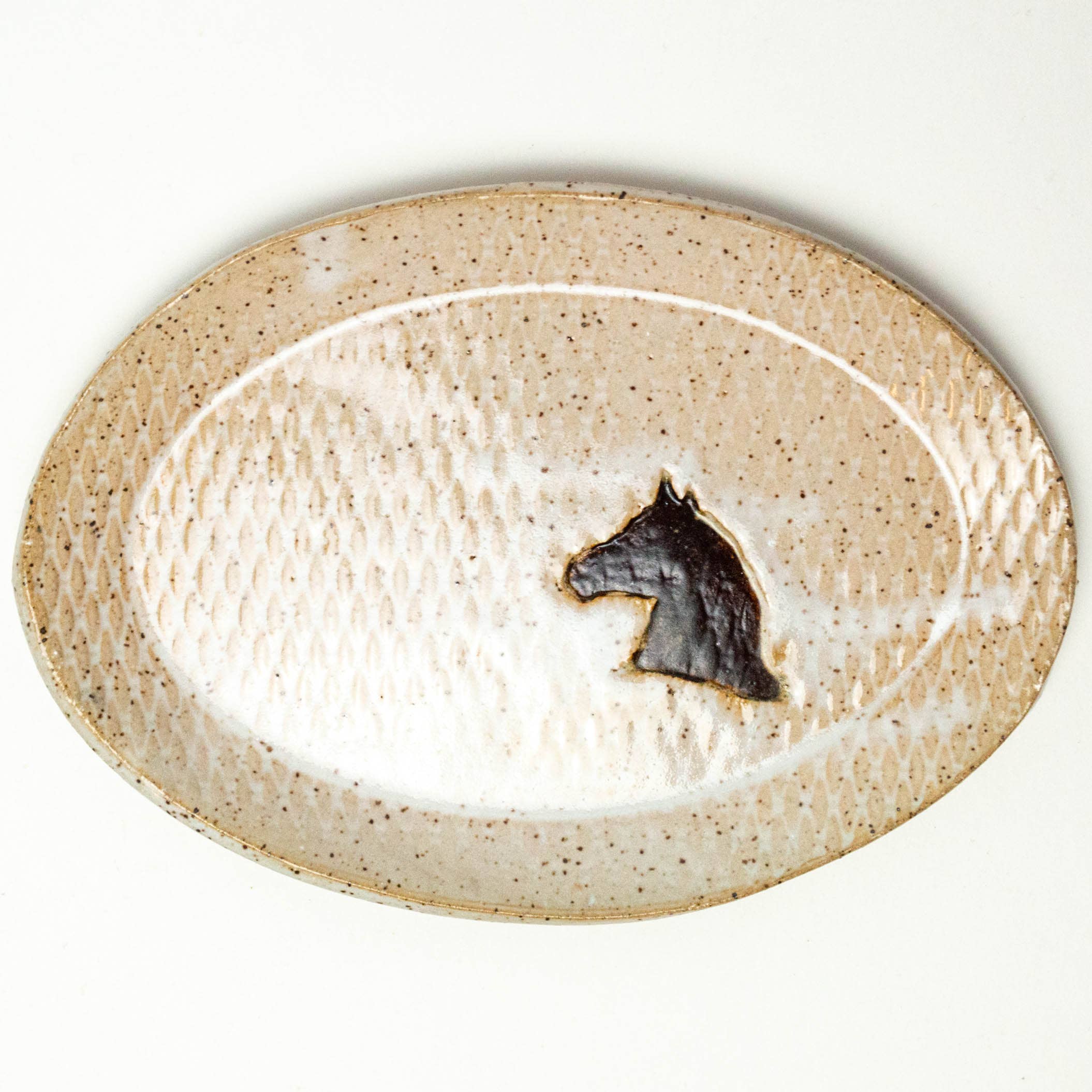 White Squirrel Clayworks- Brown Horse Pattern Handmade Ceramic White Oval Trinket Dish