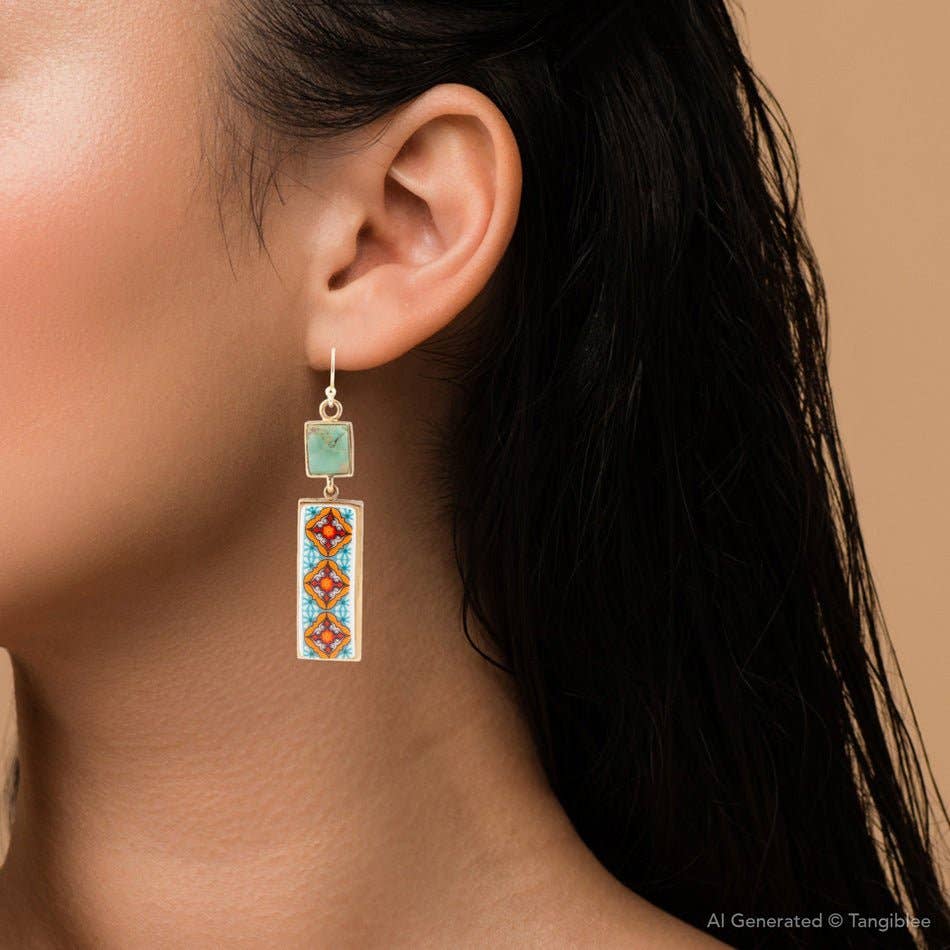 Barse Jewelry- Talavera Tile and Blue Turquoise Golden Dangle Earrings