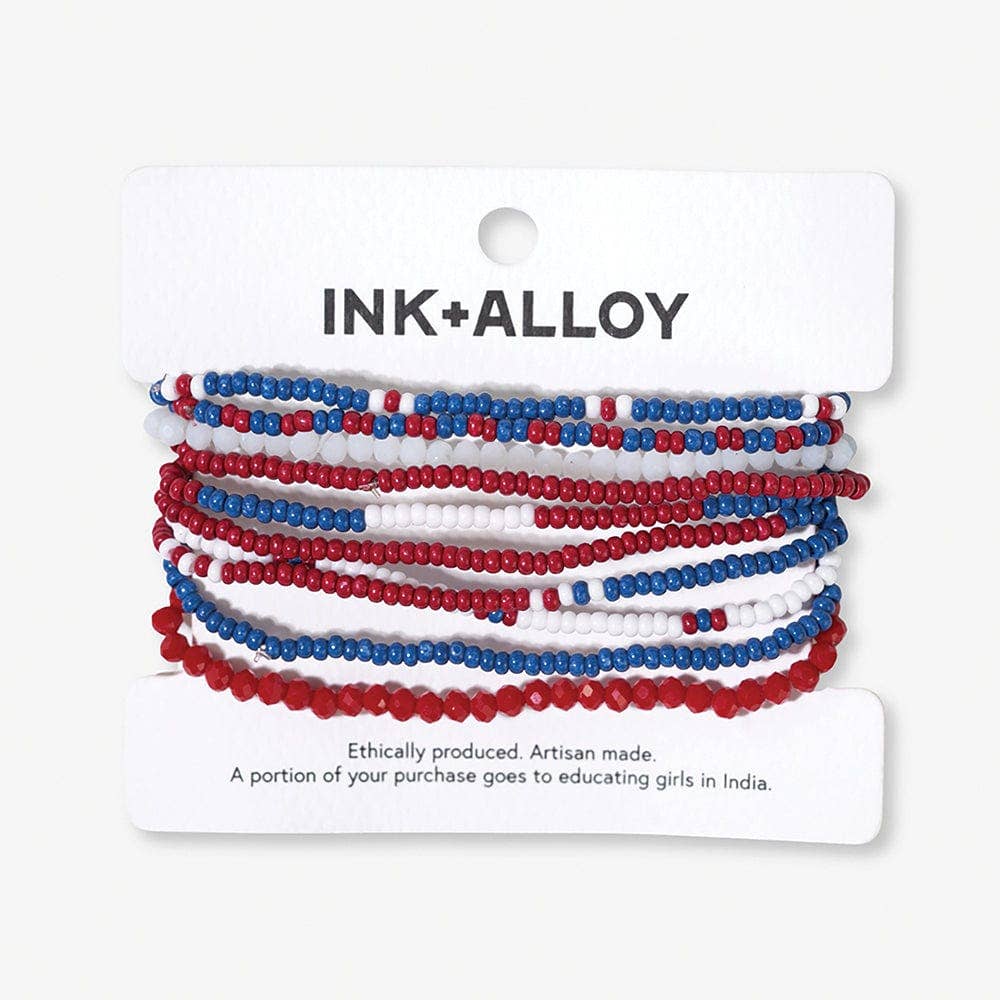 INK + ALLOY- Game Day Color Block Beaded 10 Strand Stretch Bracelets Red and Blue