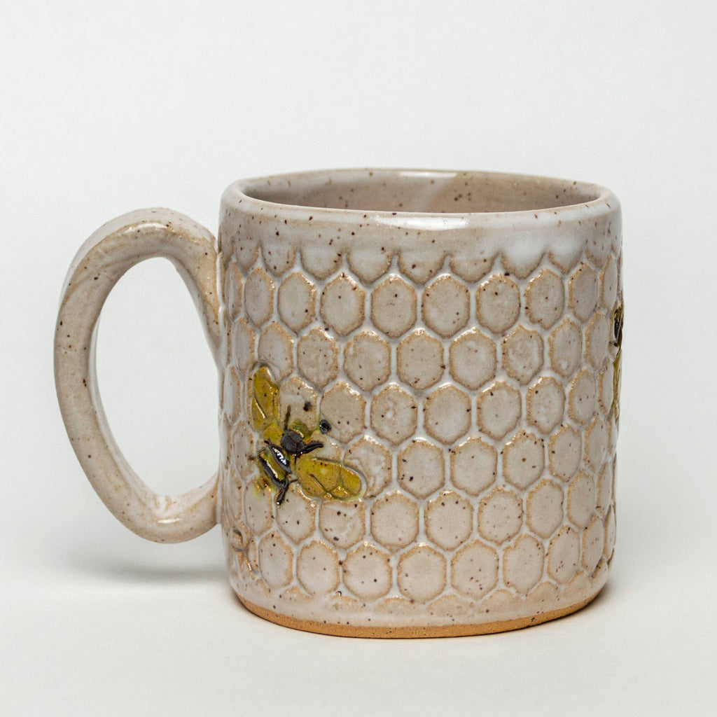 White Squirrel Clayworks- Bee Pattern Handmade in Ohio Ceramic White 10 oz Mug