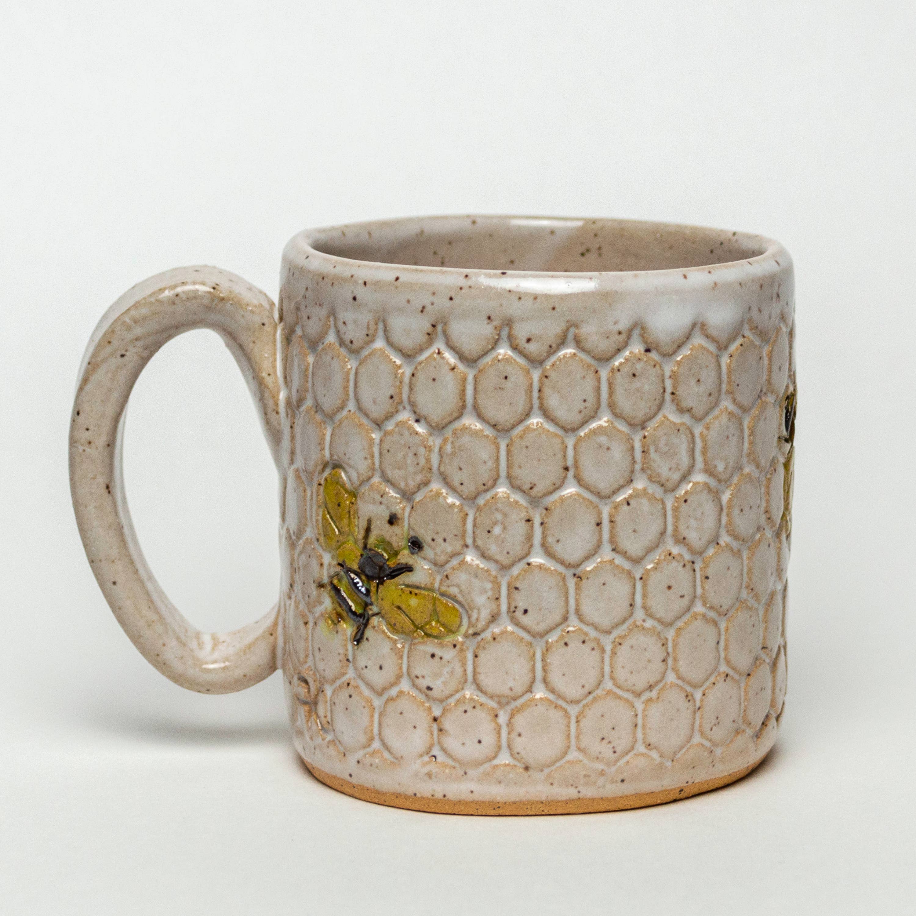 White Squirrel Clayworks- Bee Pattern Handmade in Ohio Ceramic White 10 oz Mug
