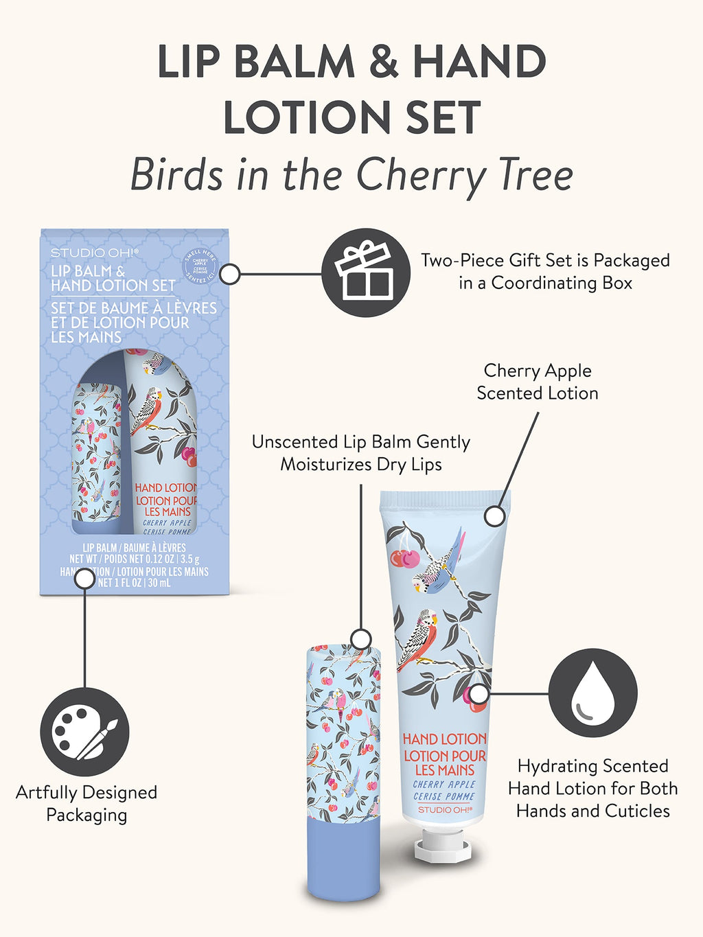 Studio Oh!- Birds in the Cherry Tree Lip Balm & Hand Lotion Set