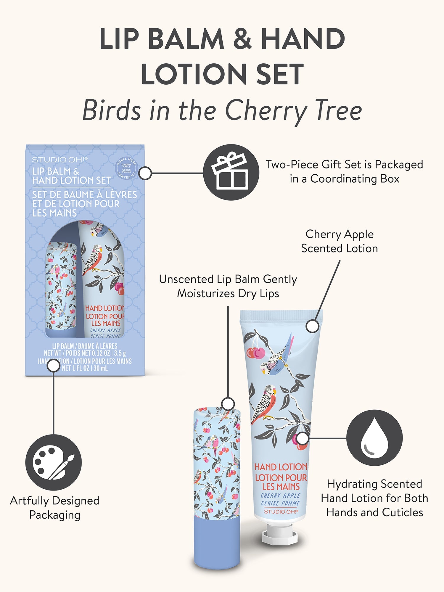 Studio Oh!- Birds in the Cherry Tree Lip Balm & Hand Lotion Set