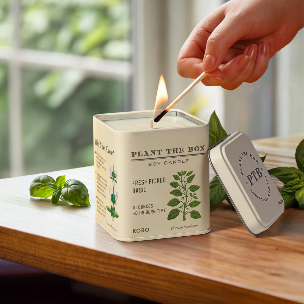 KOBO Candles- Fresh Picked Basil Plant The Box Tin Candle