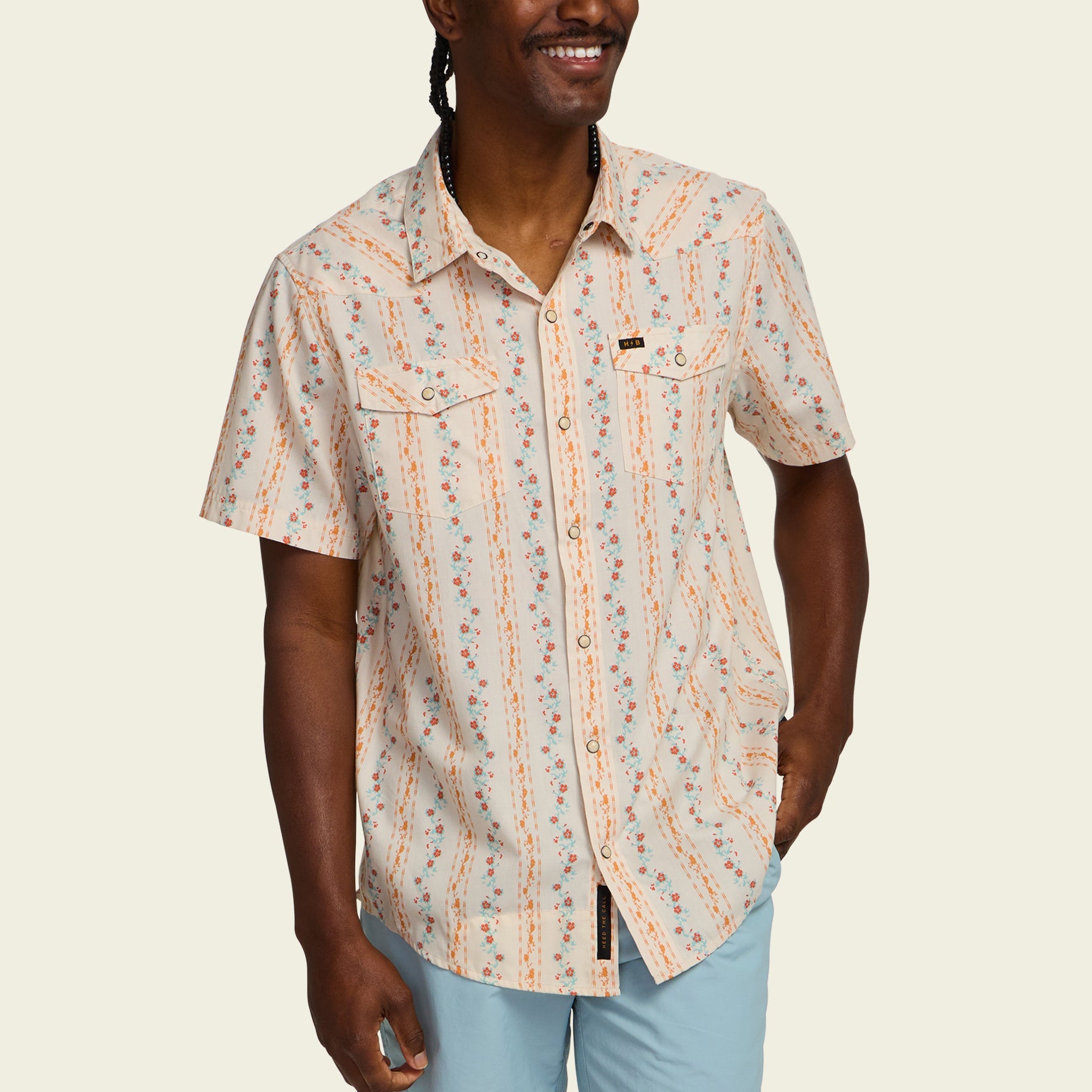 Howler Bros- H Bar B Tech Snapshirt: Hibiscus Ribbons Riverbed Oxford