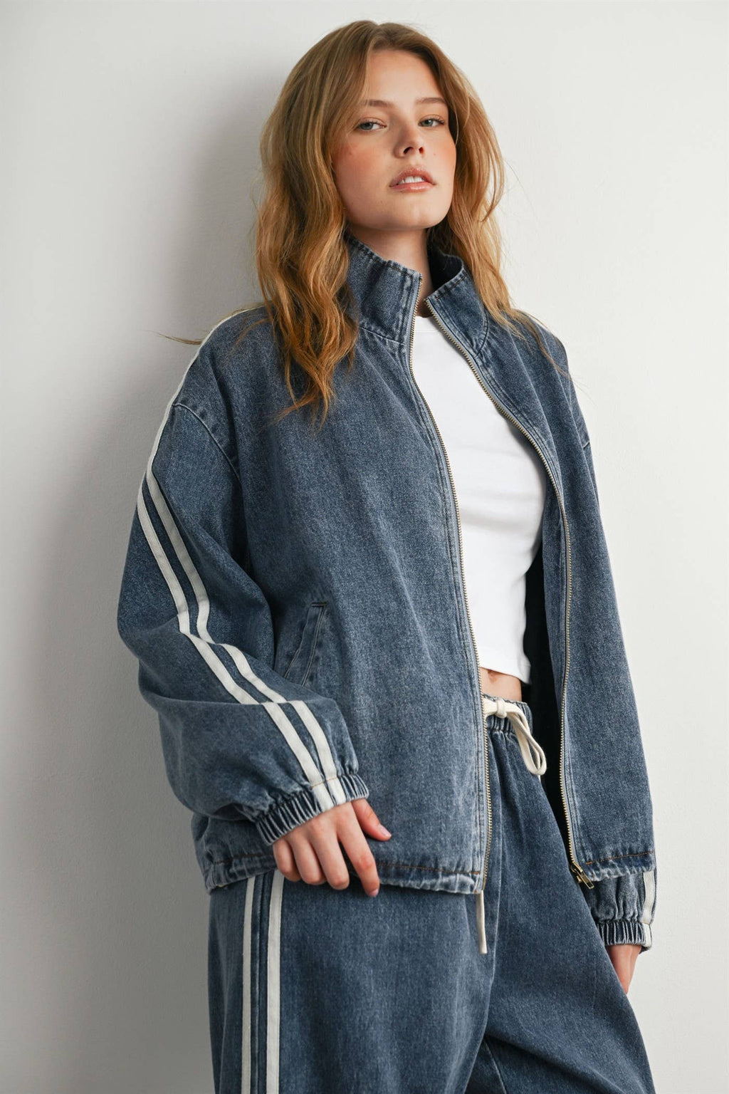 BUTTERMELON- Oversized Denim Zip-Up Track Jacket