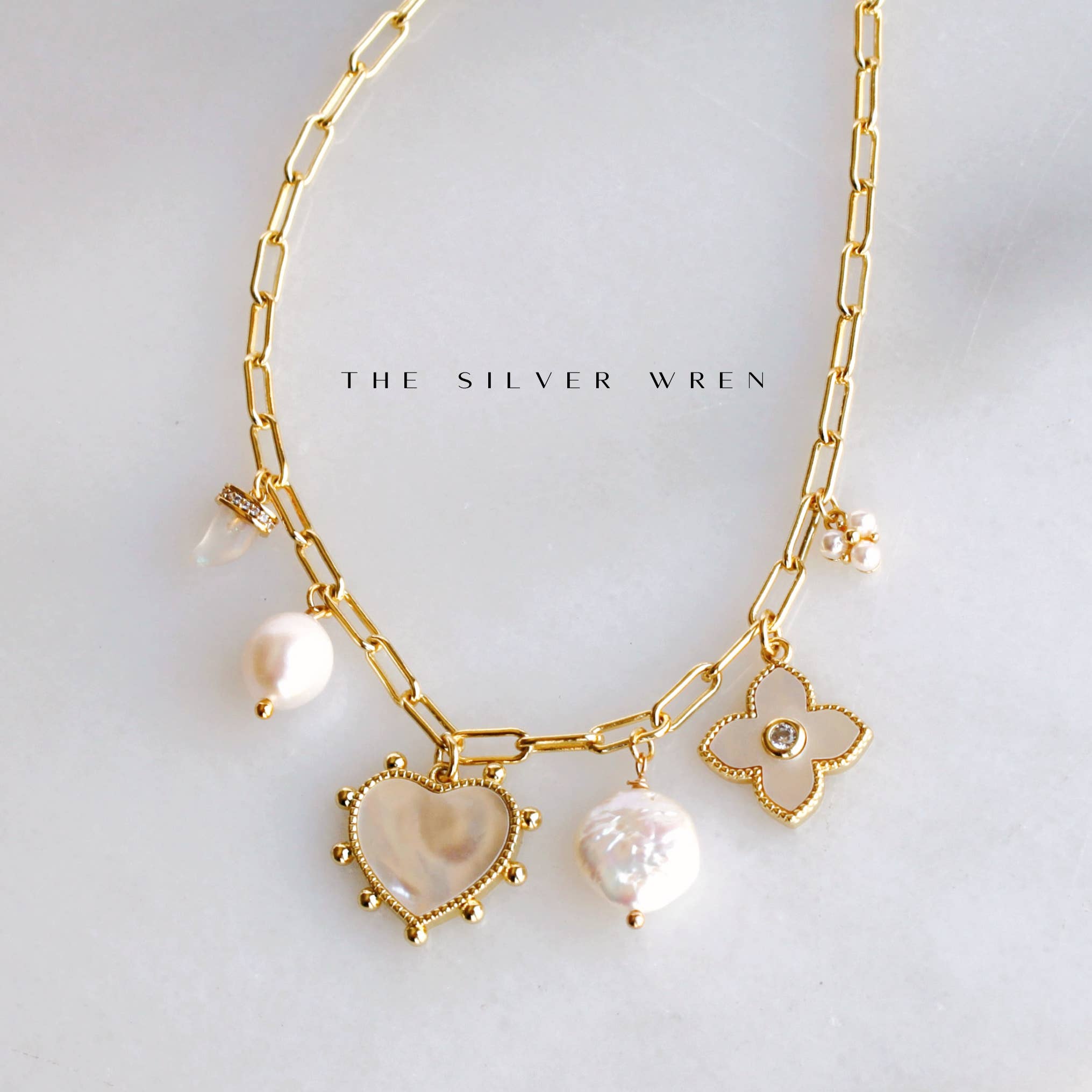 The Silver Wren- Pearl Multi Charm Necklace