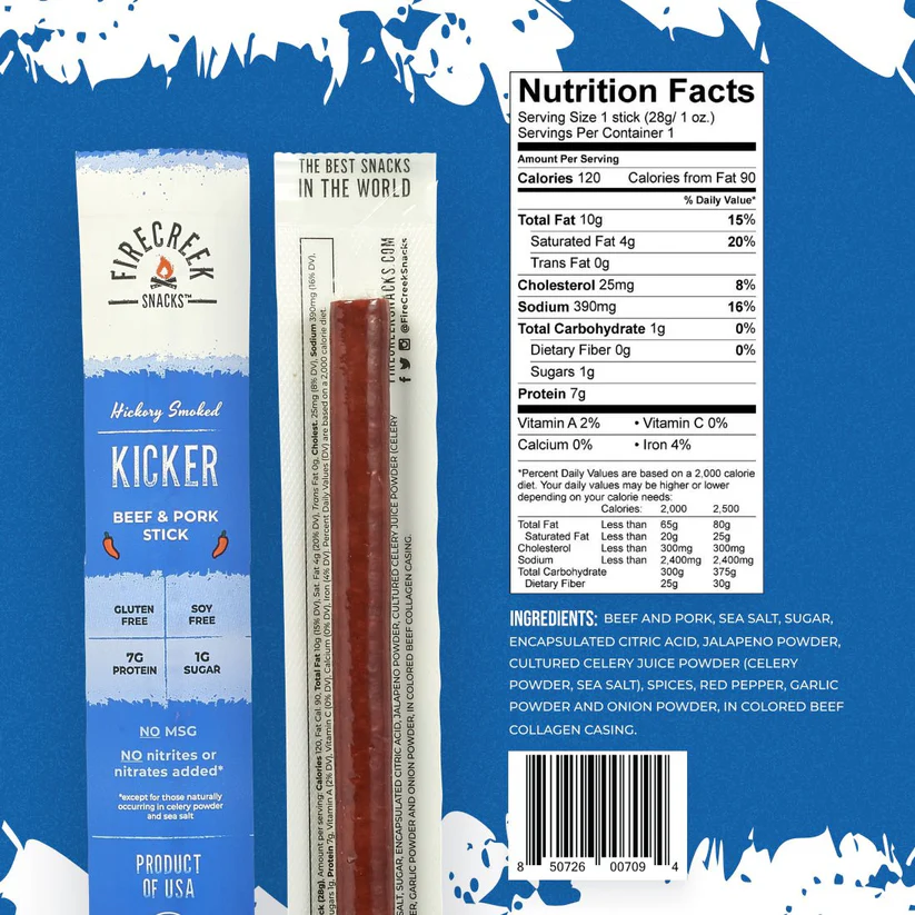 FireCreek Snacks- Kicker Spicy Beef & Pork Meat Sticks - 20ct Beef Jerky Stick