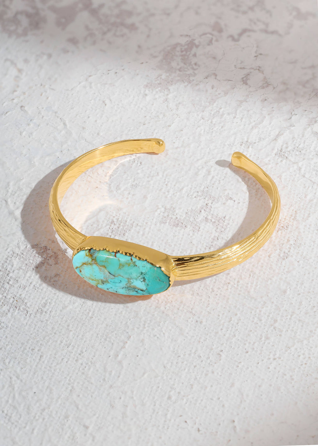 Tiramisu- Textured Gold Plated Mohave Turquoise Stone Cuff Bracelet
