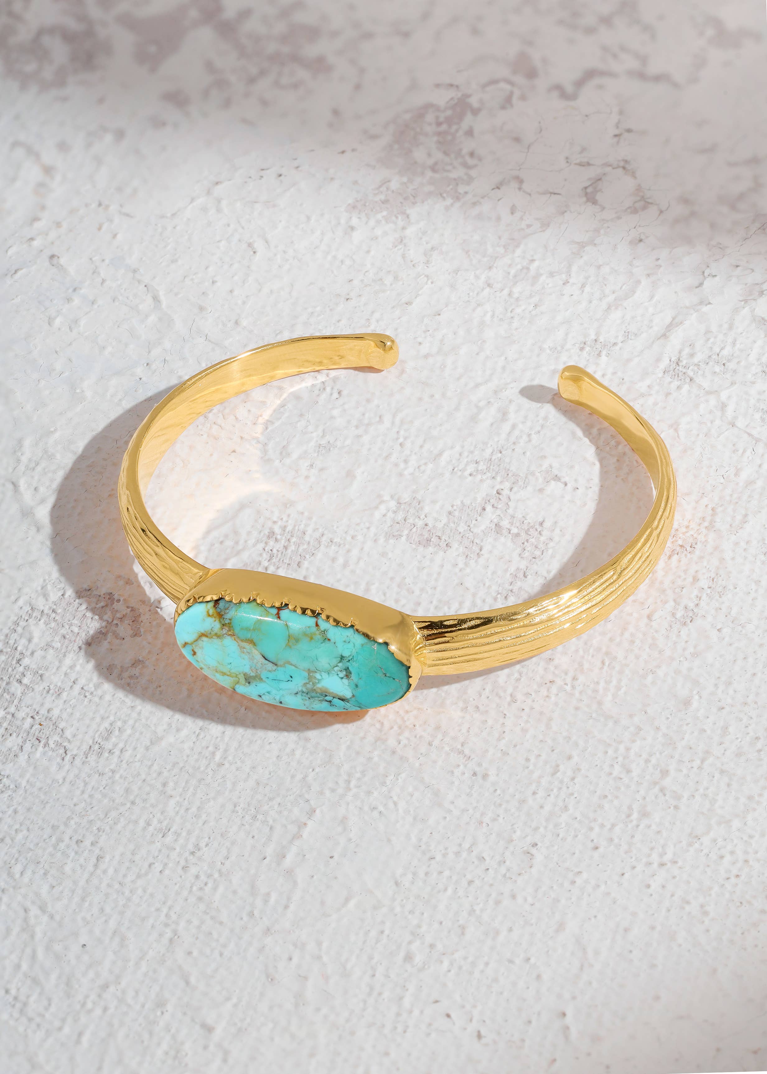 Tiramisu- Textured Gold Plated Mohave Turquoise Stone Cuff Bracelet