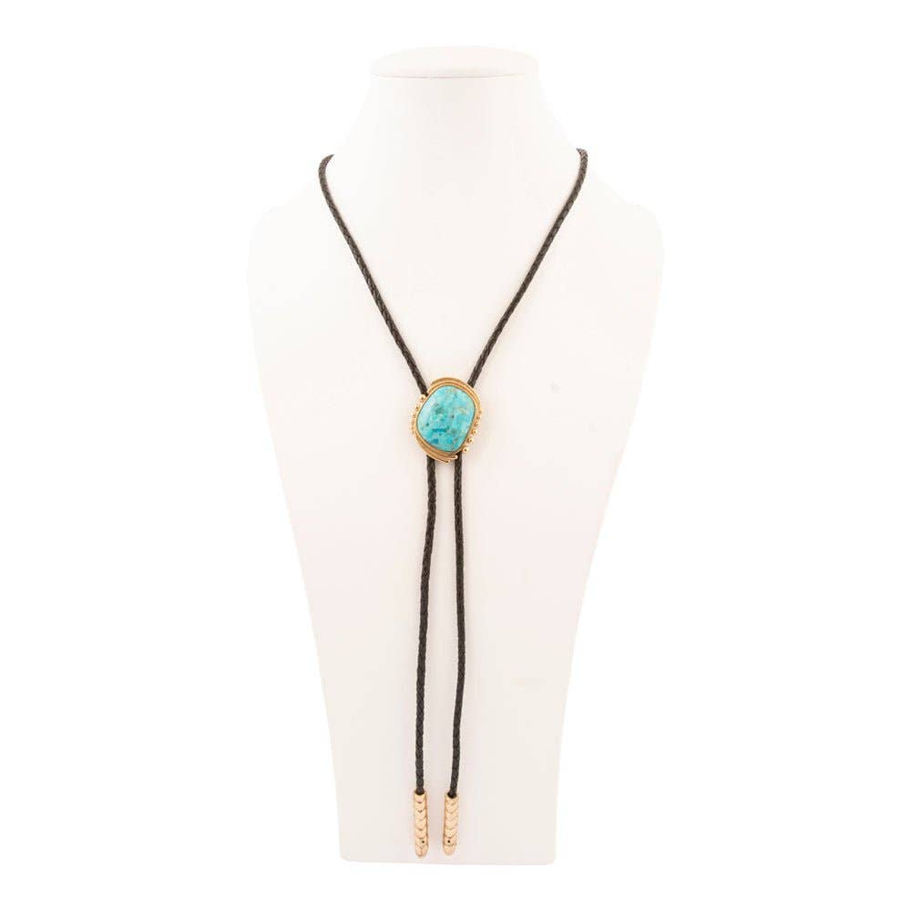 Barse Jewelry- Rawlins Blue Turquoise Black Leather Golden Bolo Necklace
