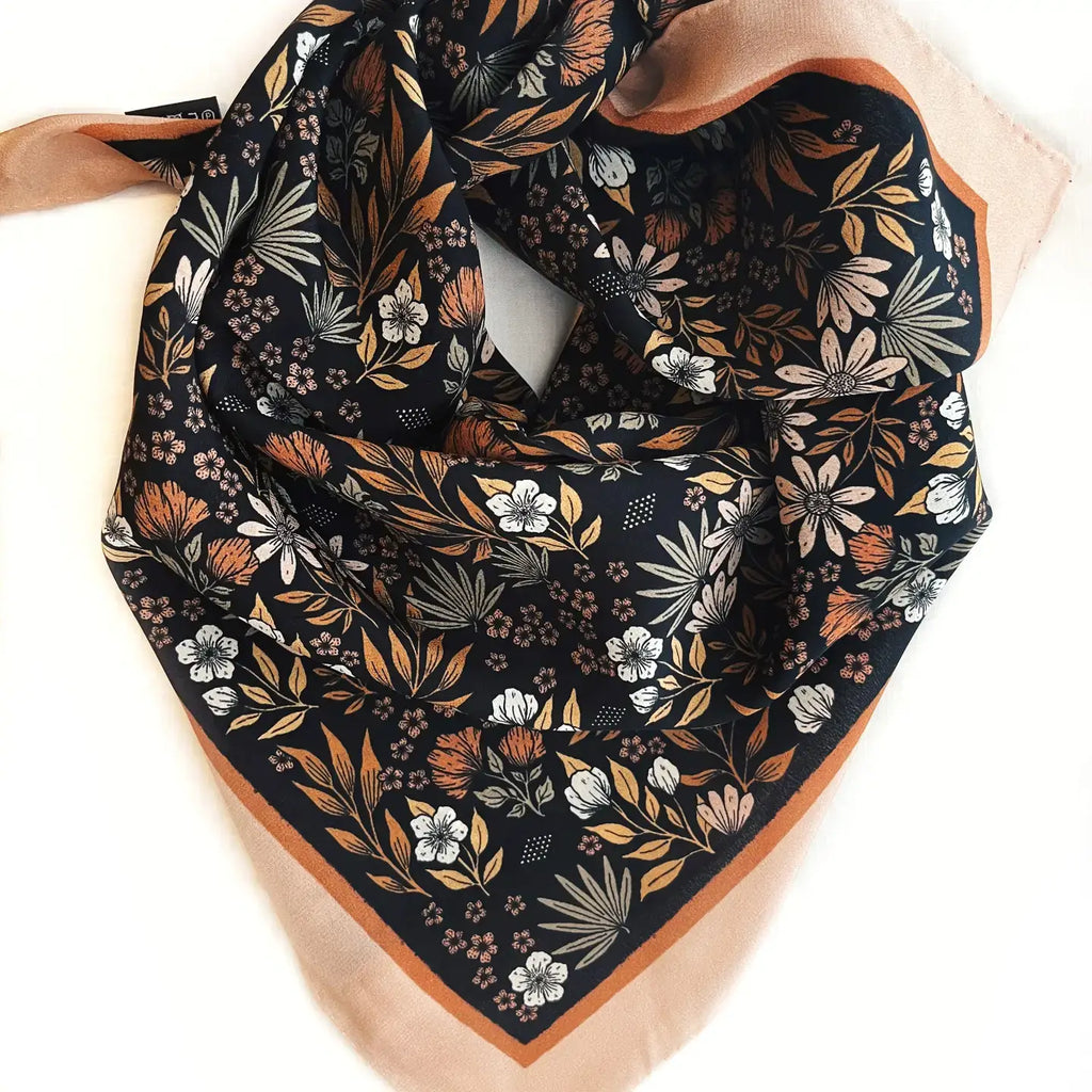 Flora West Design- Midnight Garden Silk Bandana Scarf 23" Floral Accessory