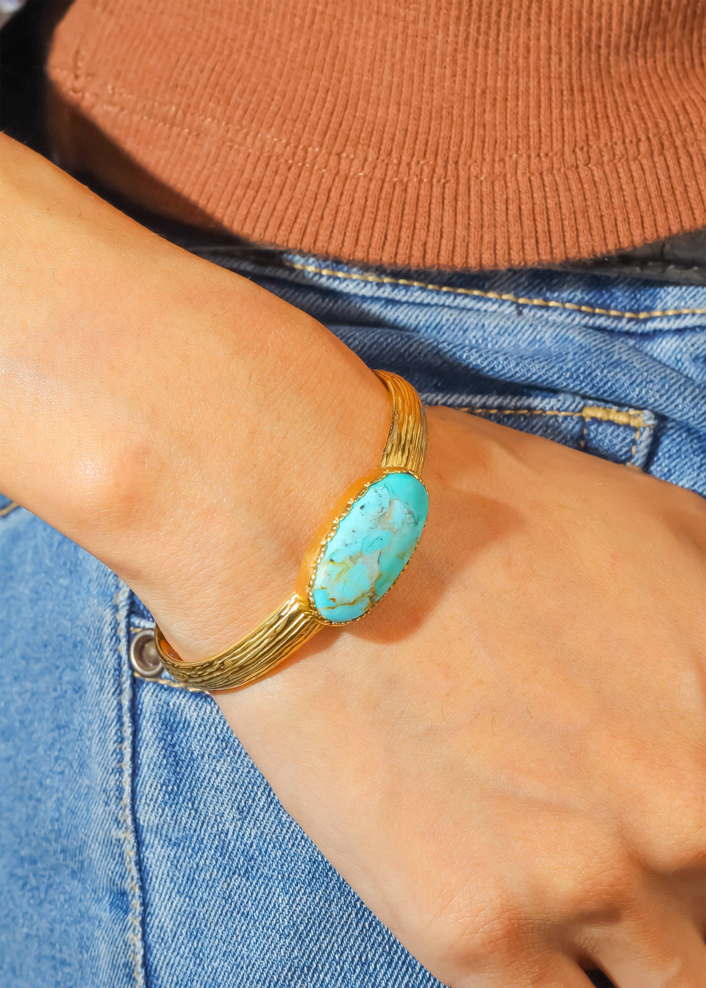 Tiramisu- Textured Gold Plated Mohave Turquoise Stone Cuff Bracelet