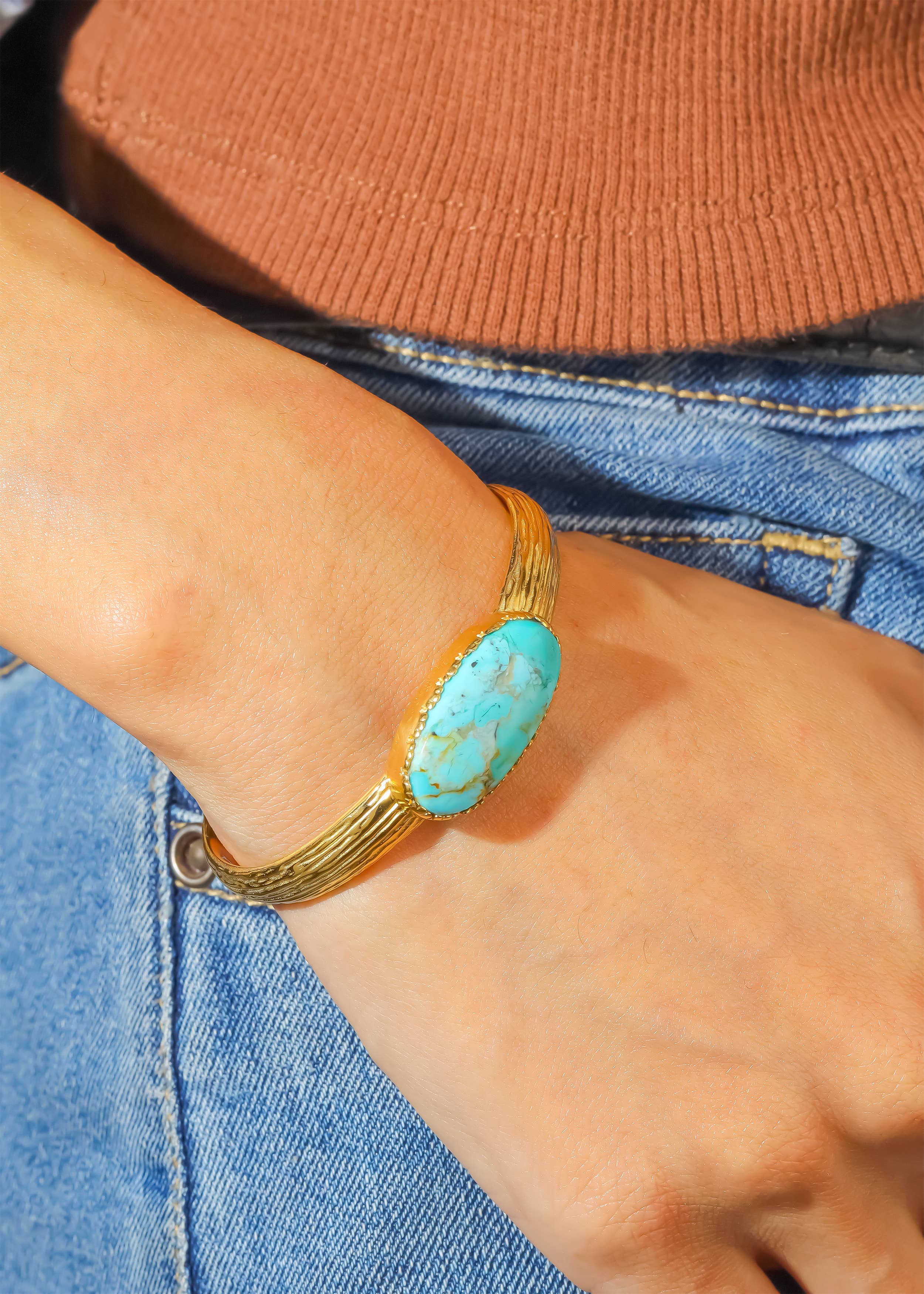 Tiramisu- Textured Gold Plated Mohave Turquoise Stone Cuff Bracelet