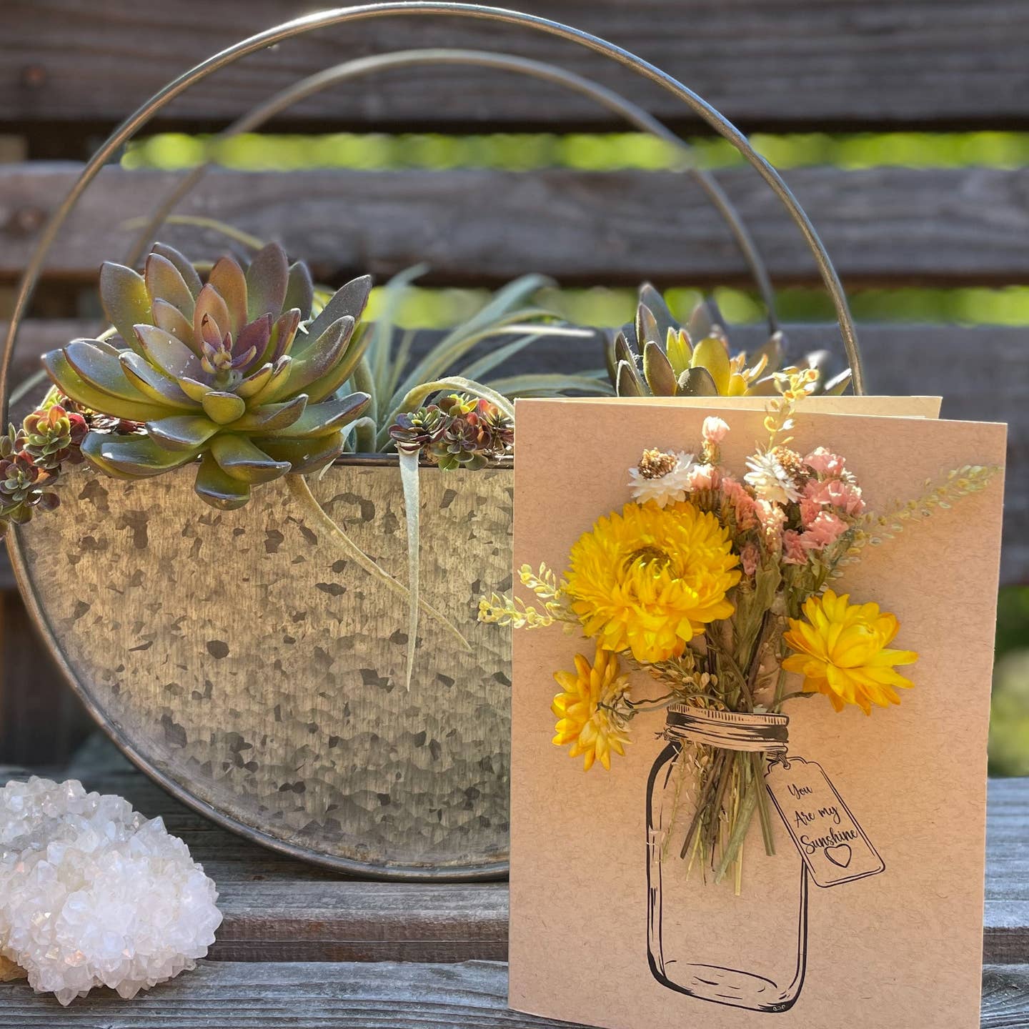 Orchid & Pine- You Are My Sunshine - Mason Jar Dried Bouquet Greeting Card