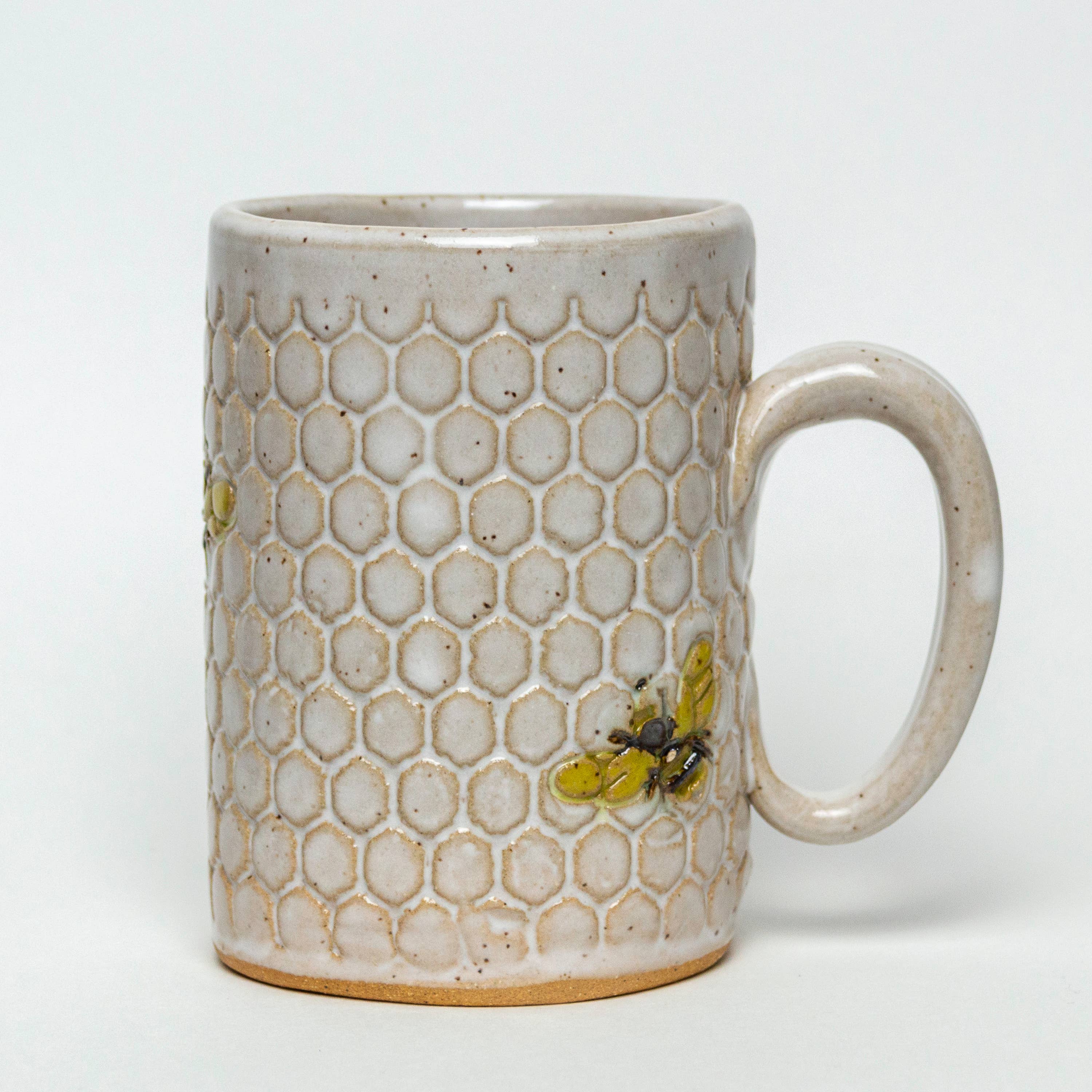 White Squirrel Clayworks- Bee Pattern Handmade Ceramic White 14oz Mug