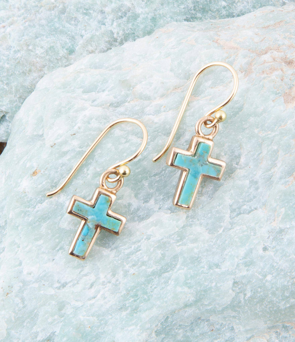 Barse Jewelry- Touch of Blue Turquoise Golden Cross Drop Earrings