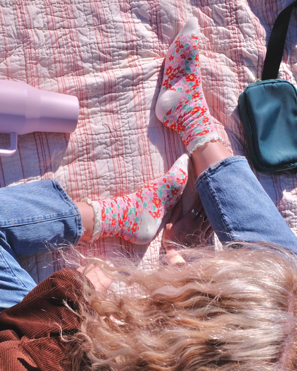 First Summer- Pink Red Floral Whimsical Ruffle Crew Socks