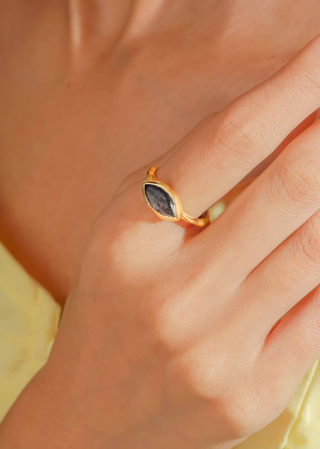 Tiramisu- Gold Plated 925 Silver Marquise Rutiled Quartz Textured Ring