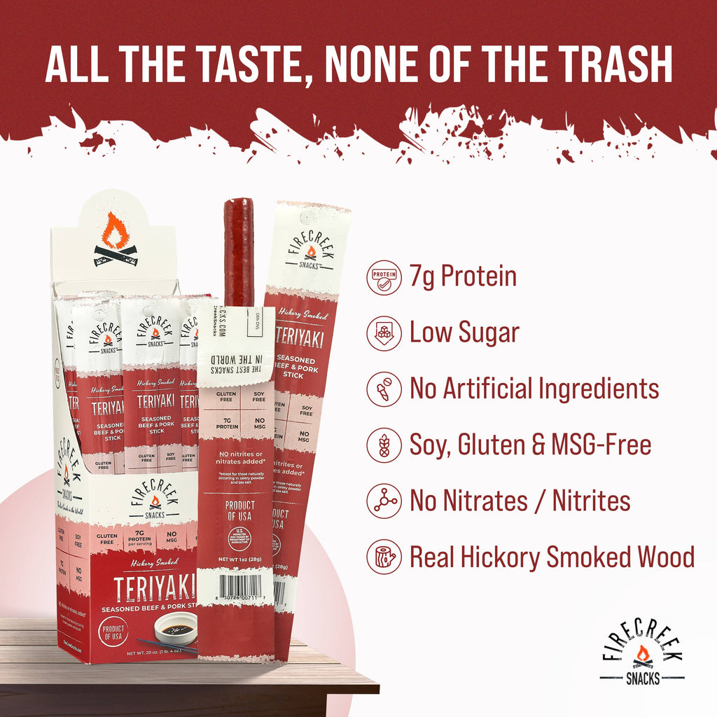 FireCreek Snacks- Teriyaki Beef & Pork Meat Sticks - 20ct Beef Jerky Snacks