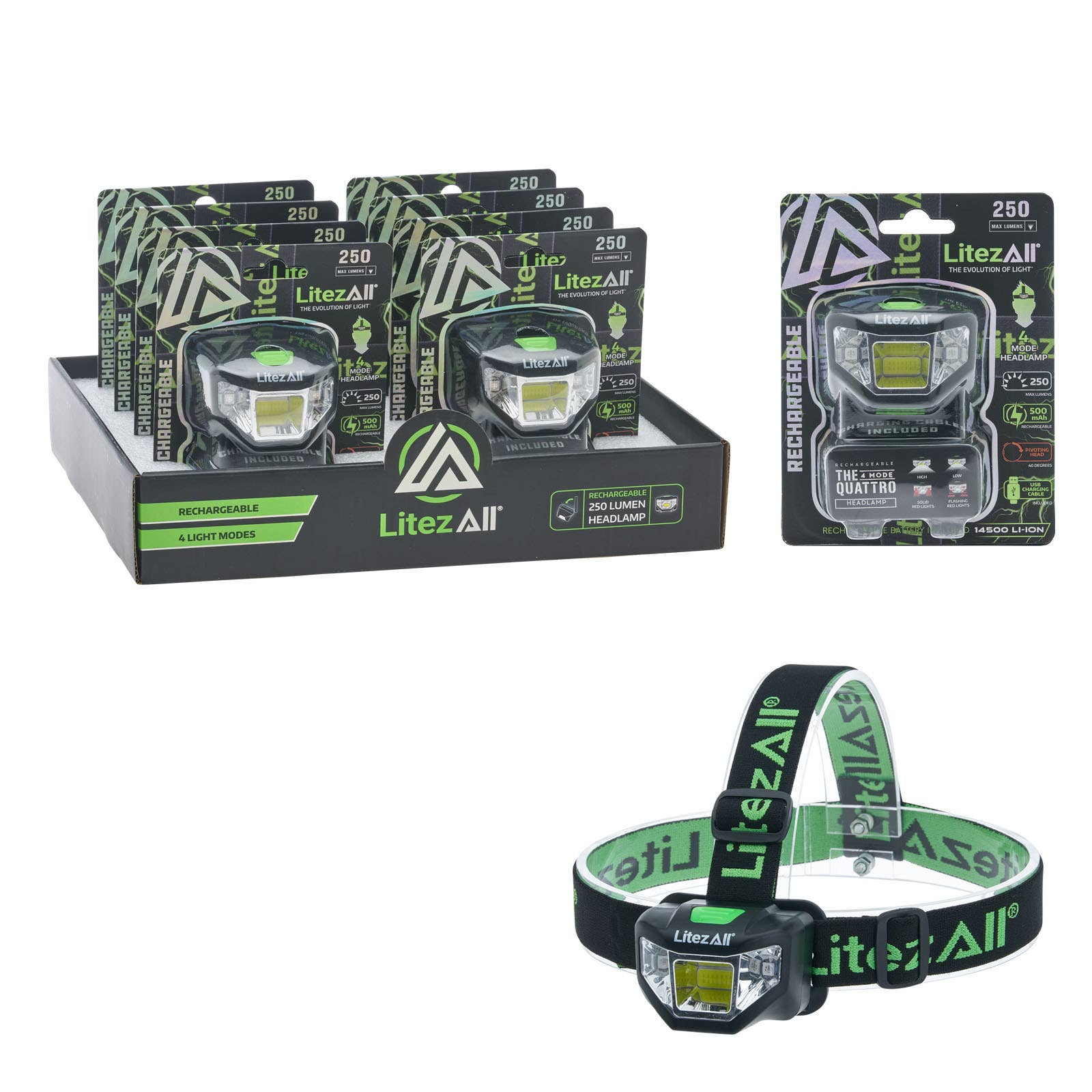 LitezAll- Rechargeable Quattro 4 Mode Headlamp