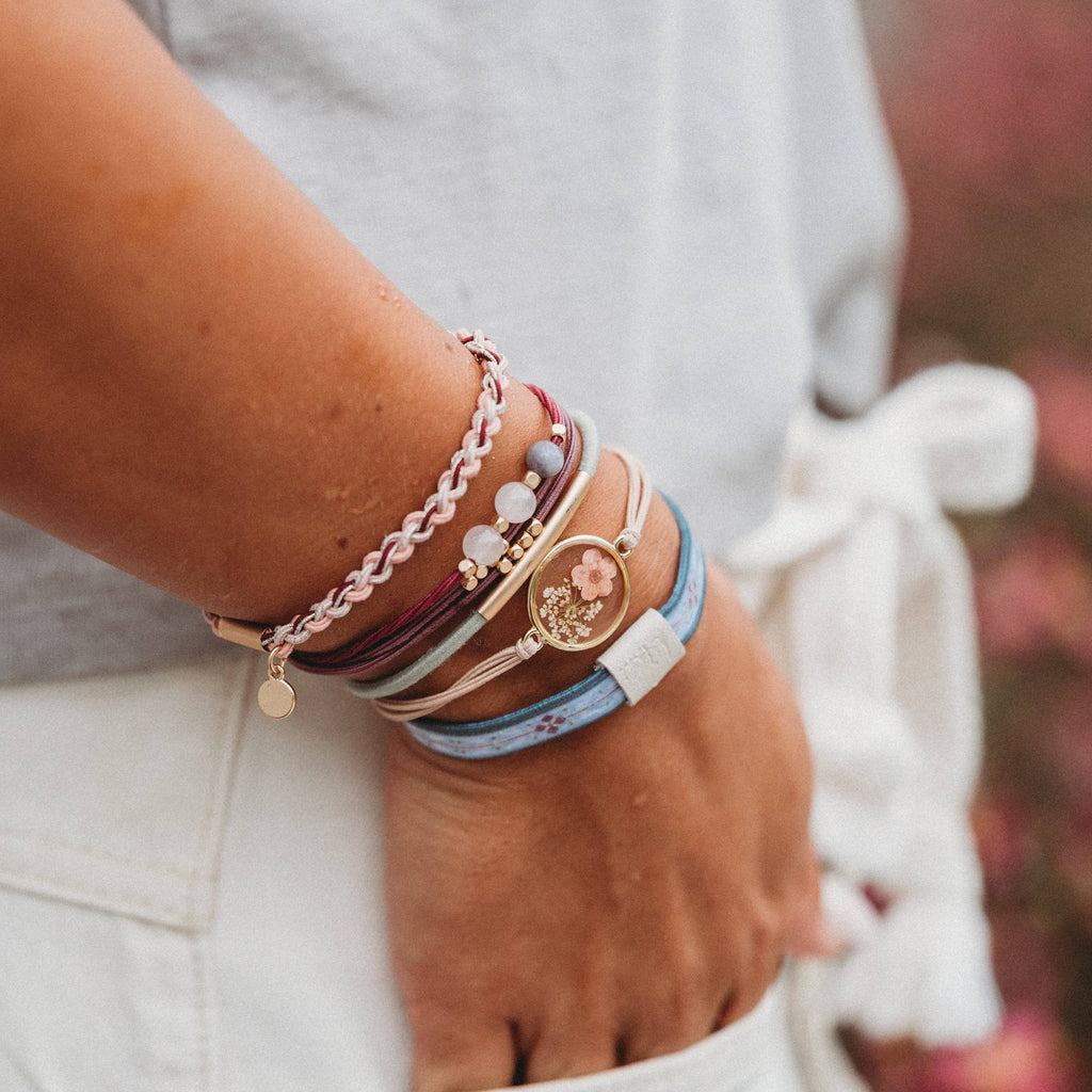 K'lani- "Bloom" Maroon and Pink with Pressed Flowers Hair Tie Bracelets