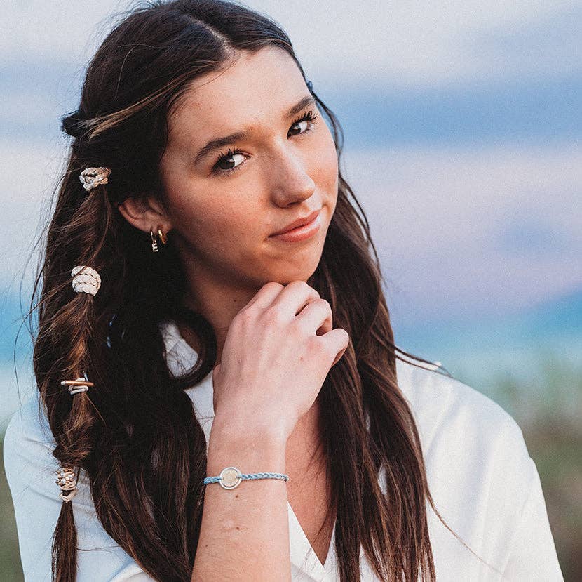 K'lani- "Wonder" Soft Creams and Blues with Pearls and Gold Hair Tie Bracelets