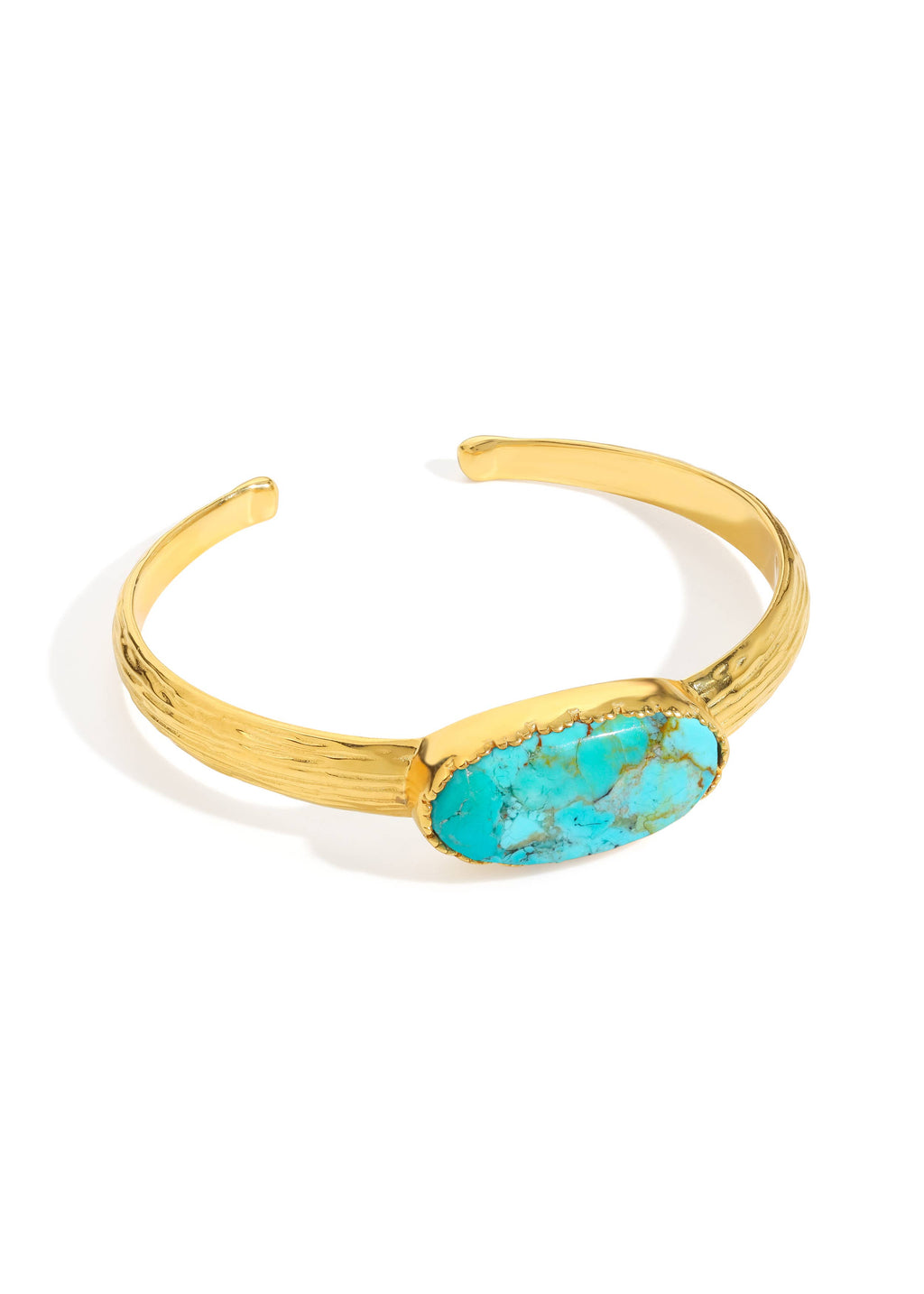 Tiramisu- Textured Gold Plated Mohave Turquoise Stone Cuff Bracelet