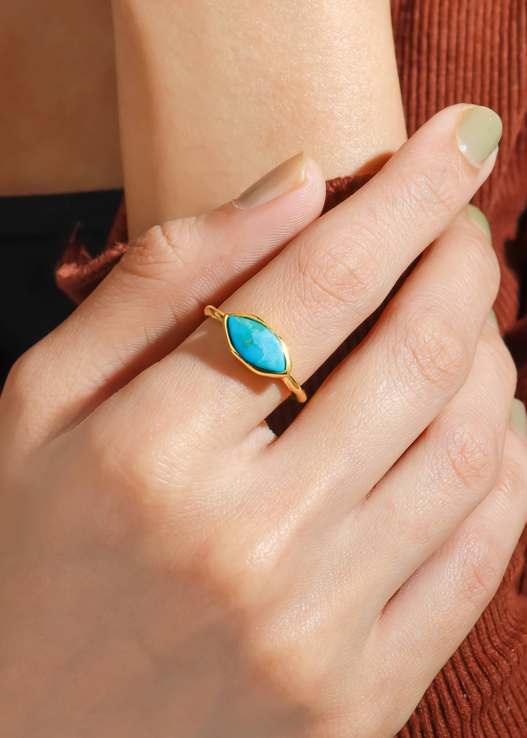 Tiramisu- Gold Plated Silver Marquise Natural Turquoise Textured Ring
