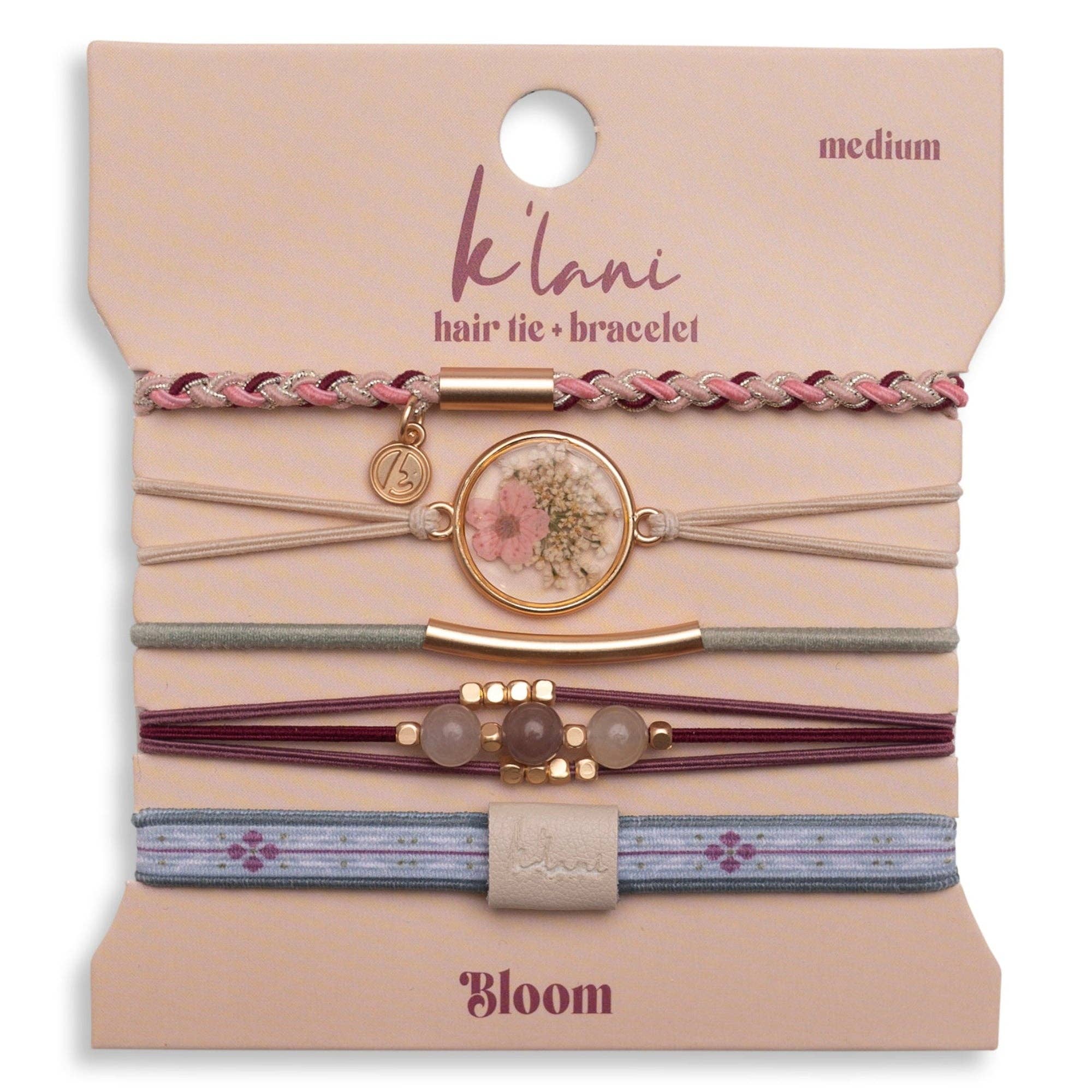 K'lani- "Bloom" Maroon and Pink with Pressed Flowers Hair Tie Bracelets