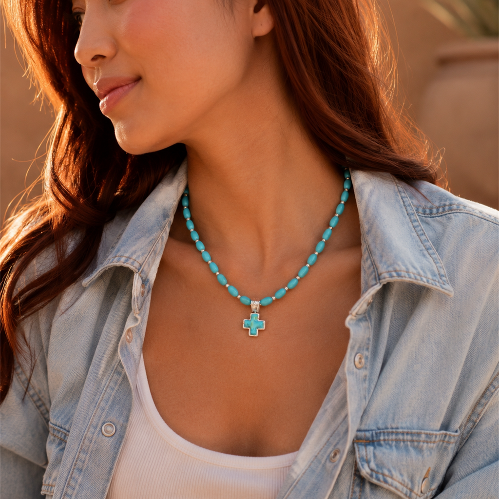 Barse Jewelry- Full of Grace Blue Turquoise and Silver Cross Necklace
