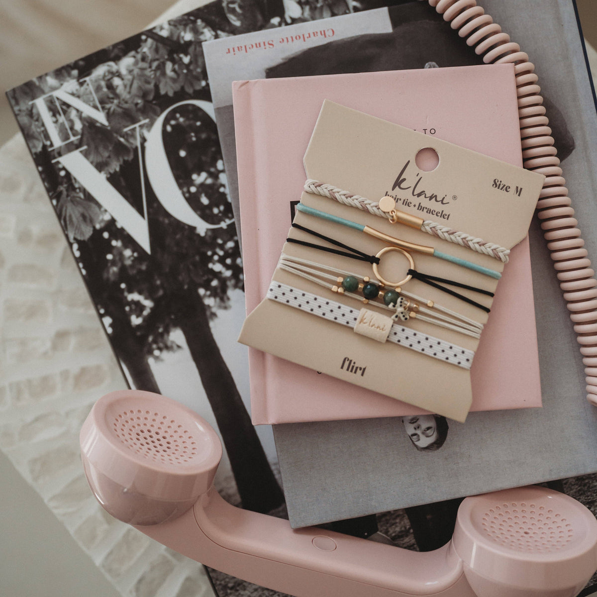 K'lani- "Flirt" Polka Dot in Cream & Black with Green Accent Hair Tie Bracelets