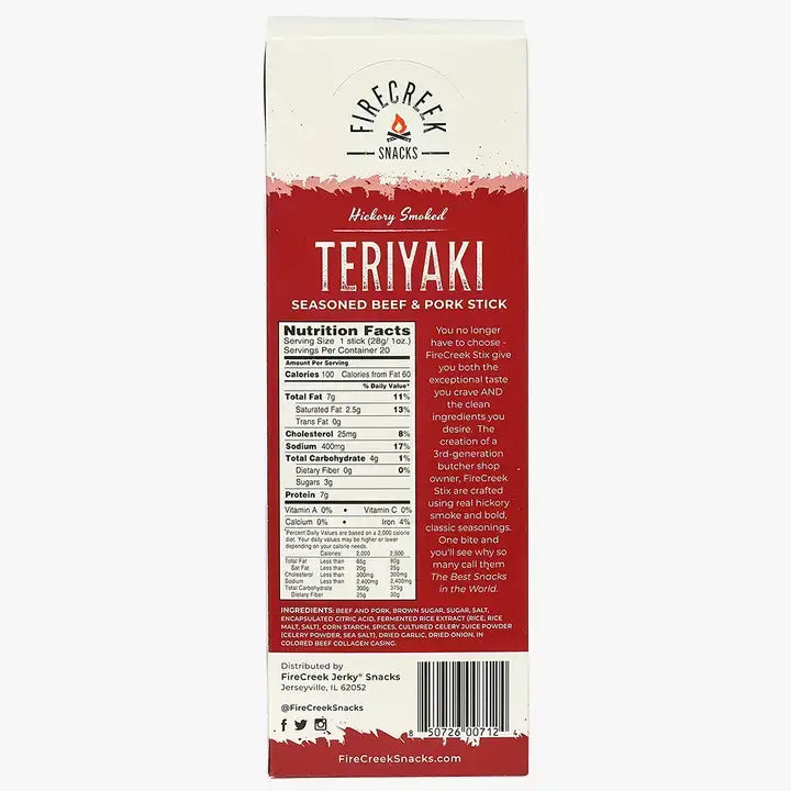 FireCreek Snacks- Teriyaki Beef & Pork Meat Sticks - 20ct Beef Jerky Snacks