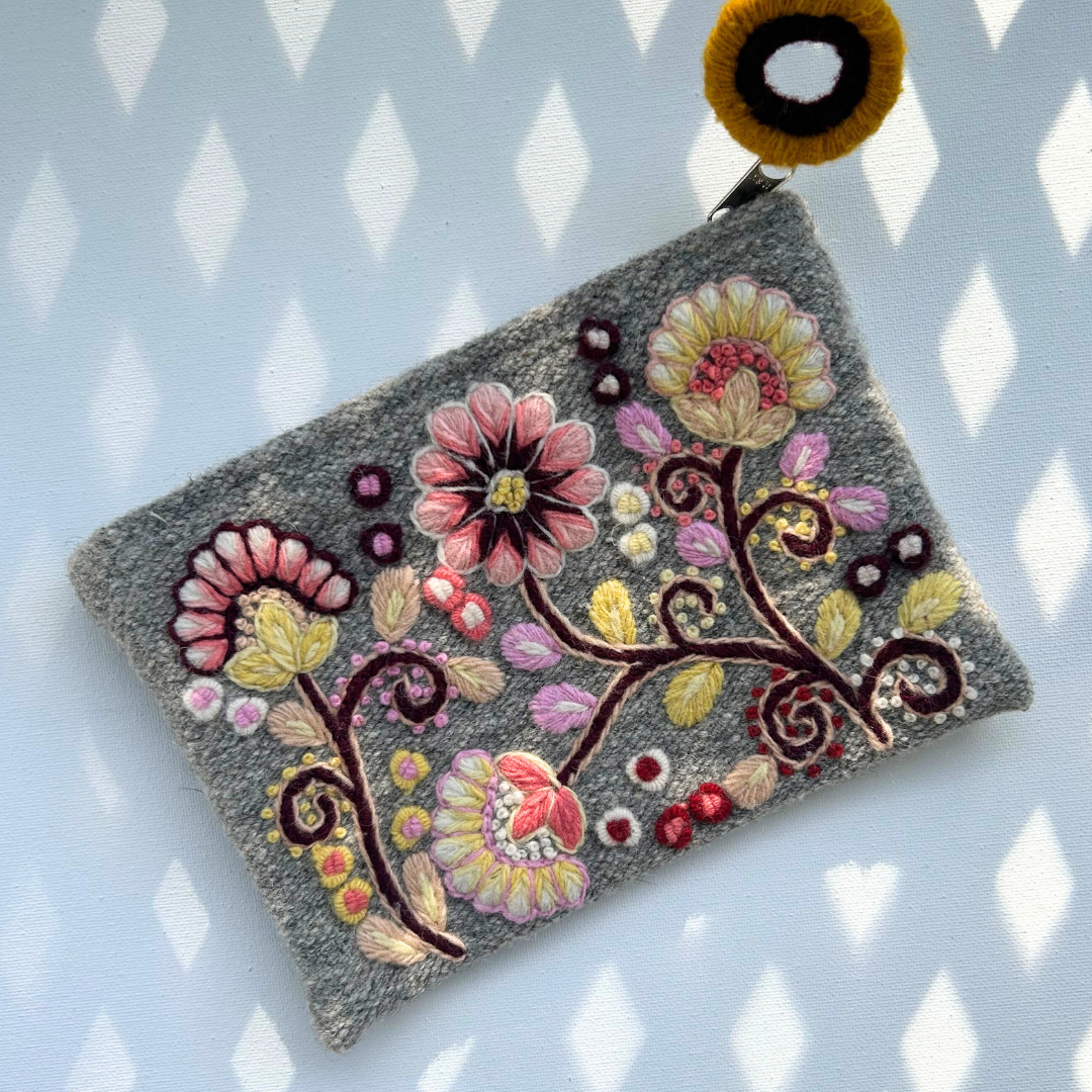 Jenny Krauss- Heather Gray Embroidered Wool Pouch