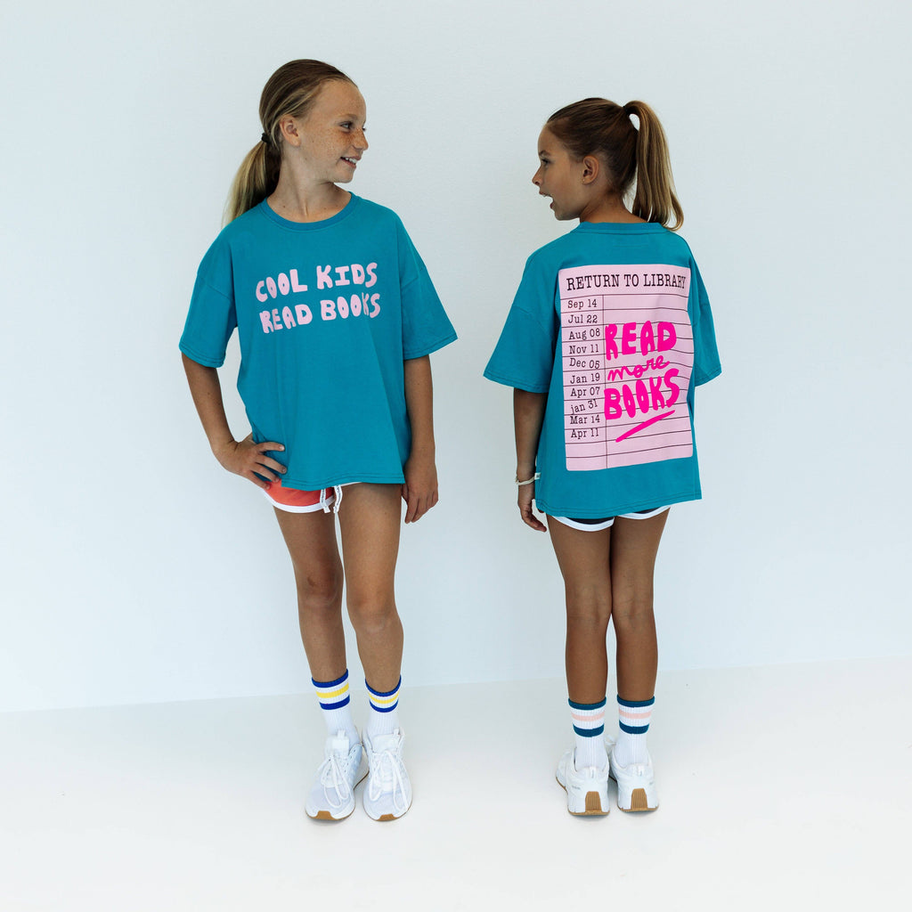 Minimalist Folk Co.- Cool Kids Read Books | TEAL + PINK| OVERSIZED KIDS TEE