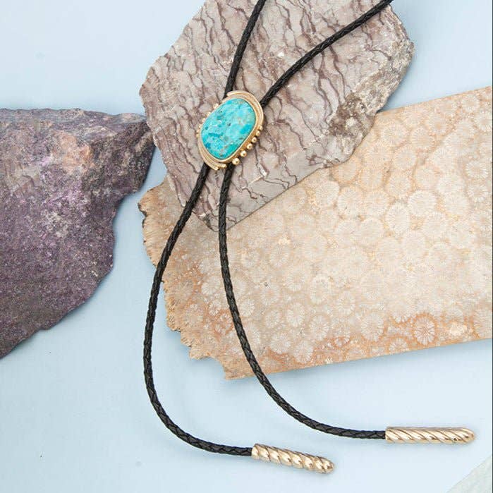 Barse Jewelry- Rawlins Blue Turquoise Black Leather Golden Bolo Necklace