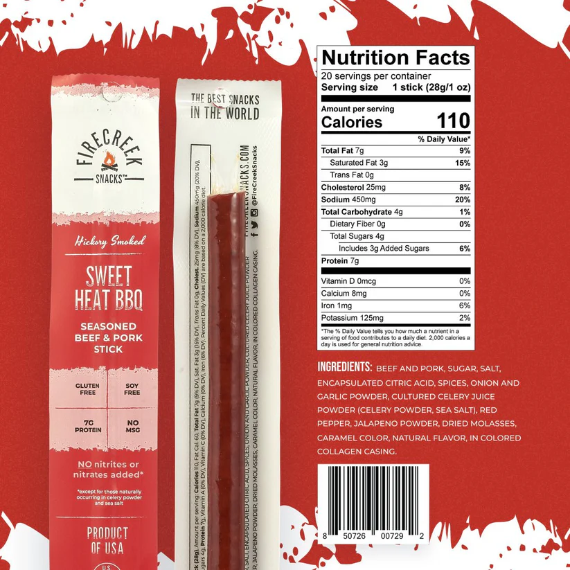 FireCreek Snacks- Sweet Heat BBQ Beef & Pork Meat Sticks - 20ct Protein Snacks