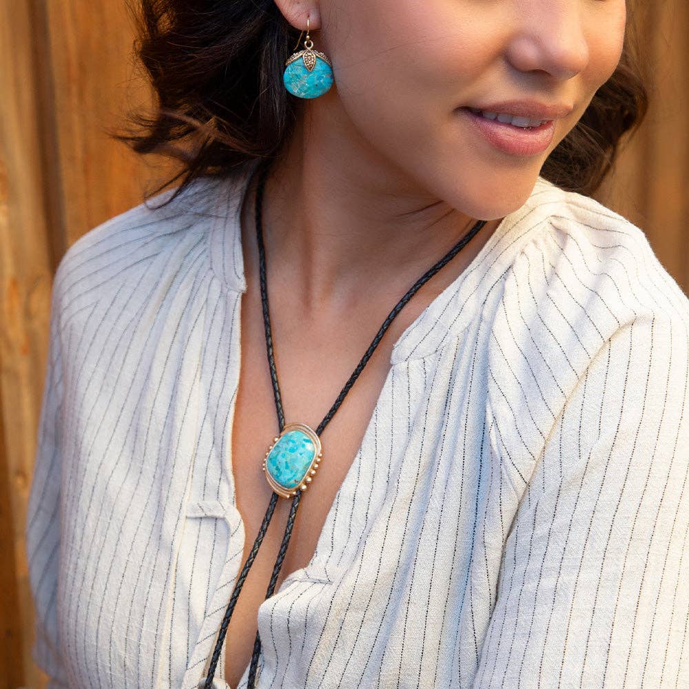 Barse Jewelry- Rawlins Blue Turquoise Black Leather Golden Bolo Necklace