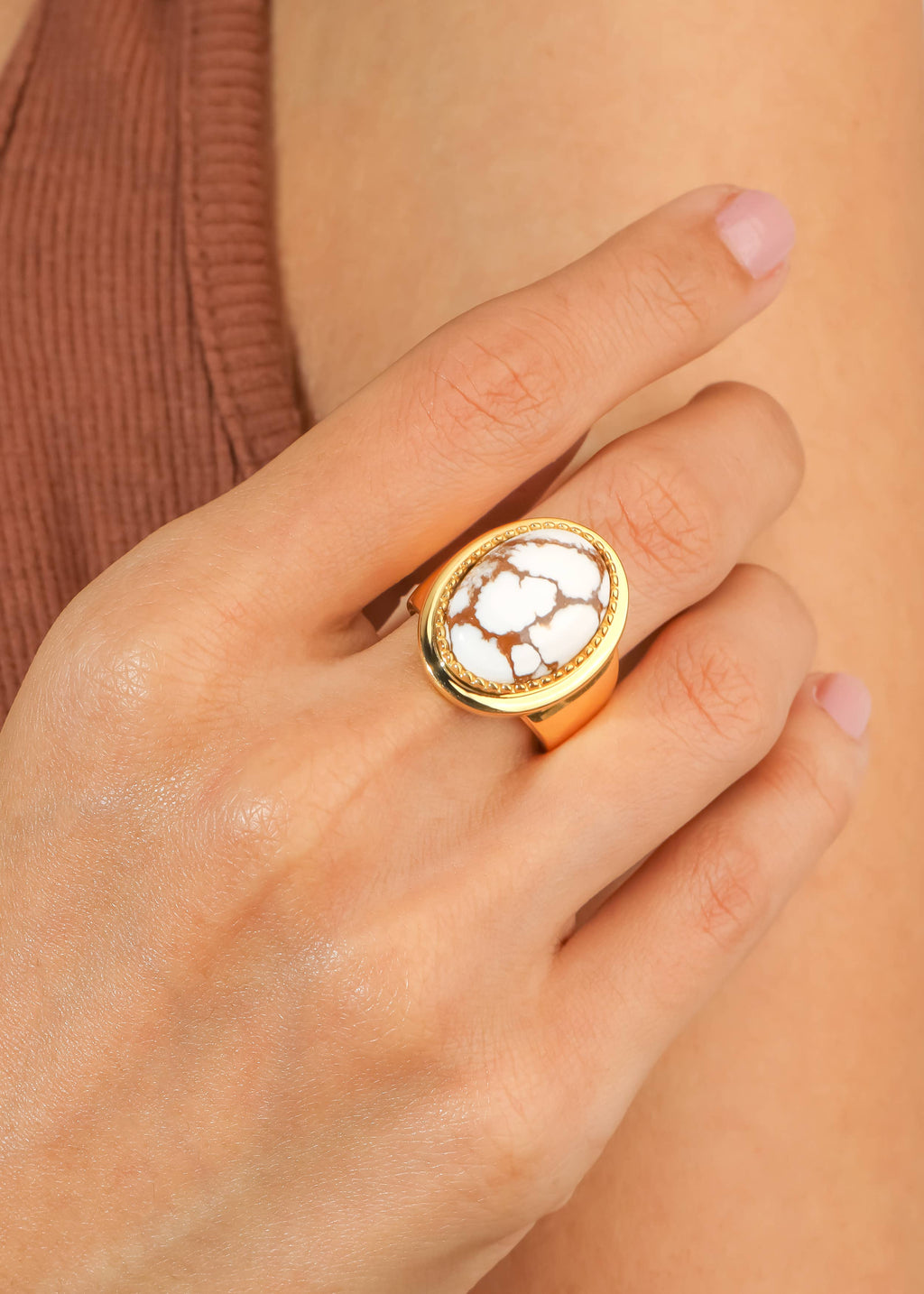 Tiramisu- Bohemian-Luxe Wide Wild Horse Magnesite Gold Plaated Ring