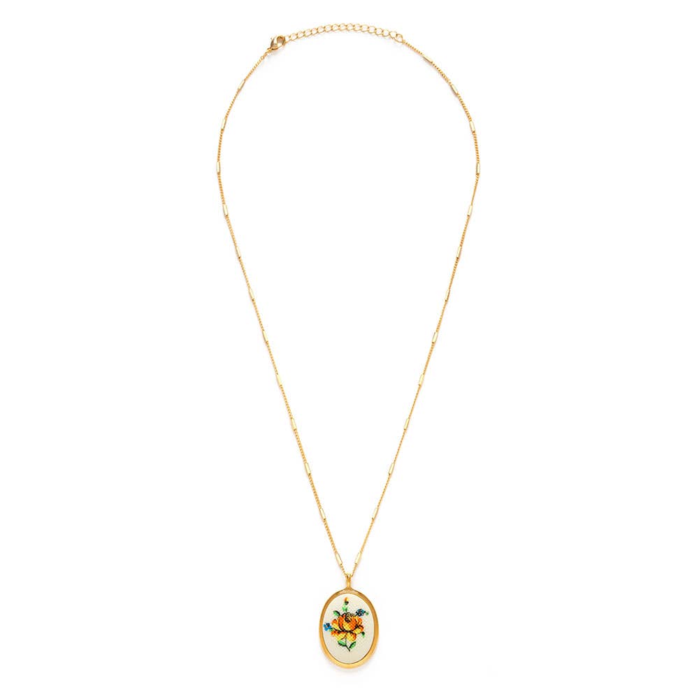 Amano Studio- Needlepoint Yellow Flower Vintage Cameo Necklace