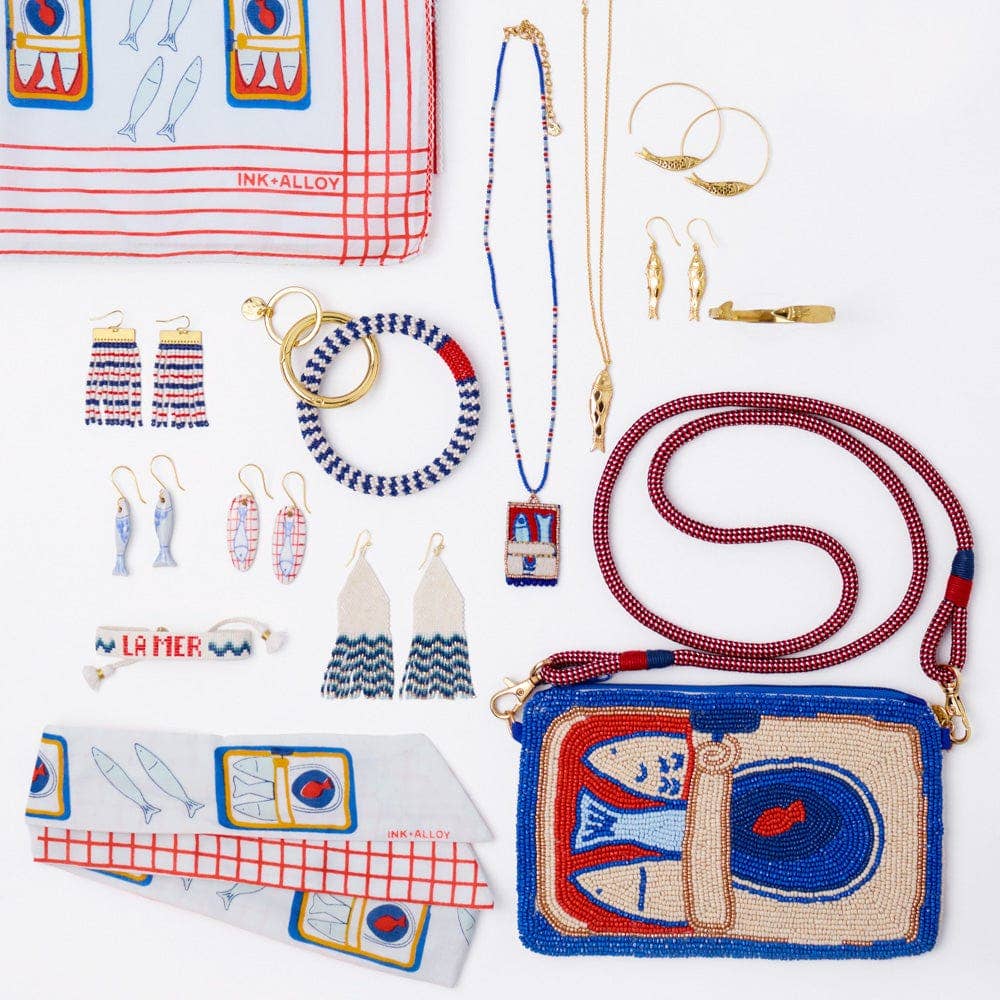 INK + ALLOY- Chloe Small Stripe Beaded Key Ring Bracelet Navy, Ivory + Red Wholesale